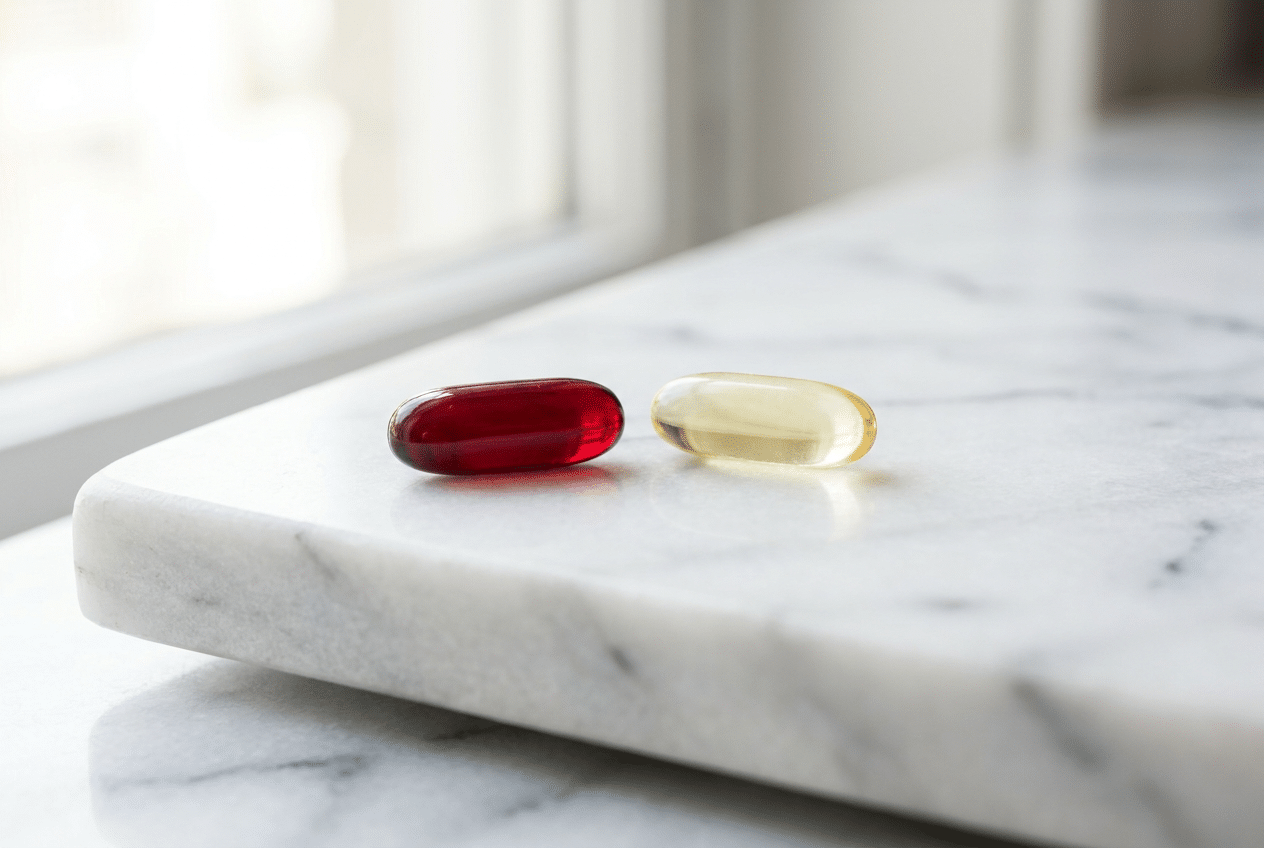 Rode krillolie capsule naast bleekgele visolie capsule op wit marmer