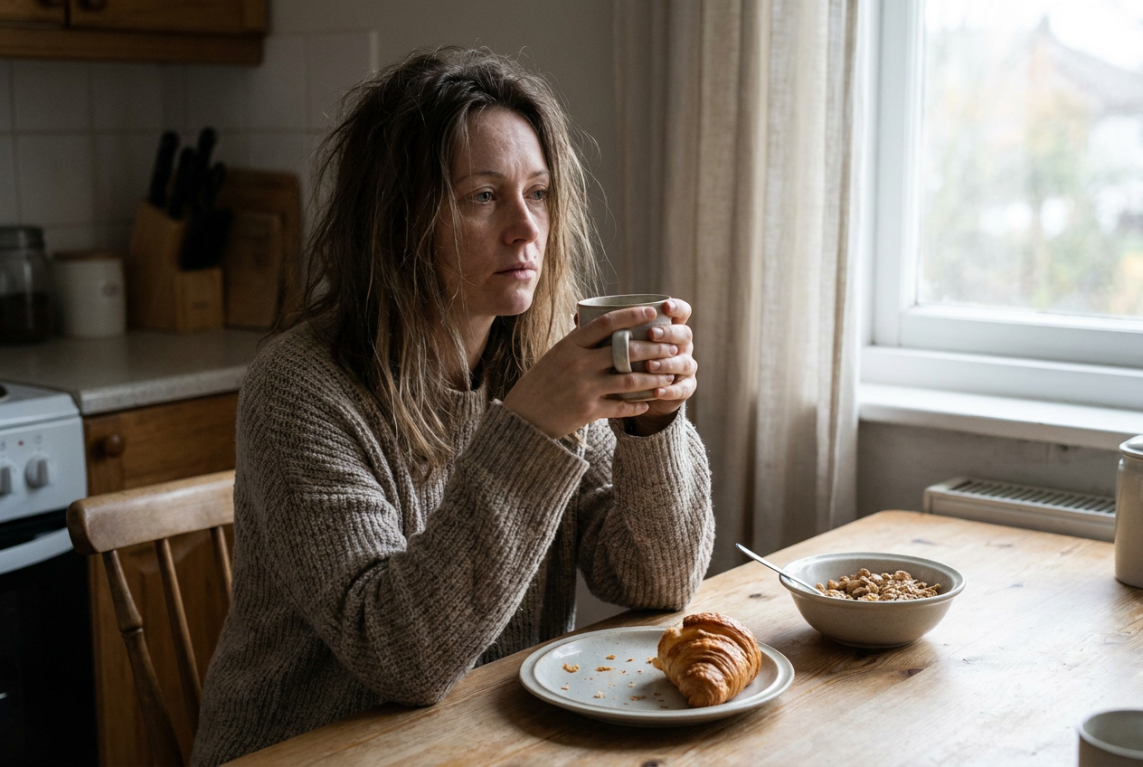 Vrouw drinkt koffie maar blijft uitgeput ondanks slaap
