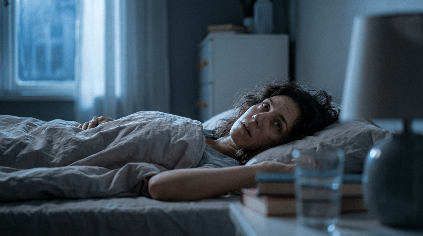 Vrouw ligt moe maar klaarwakker in bed 's nachts