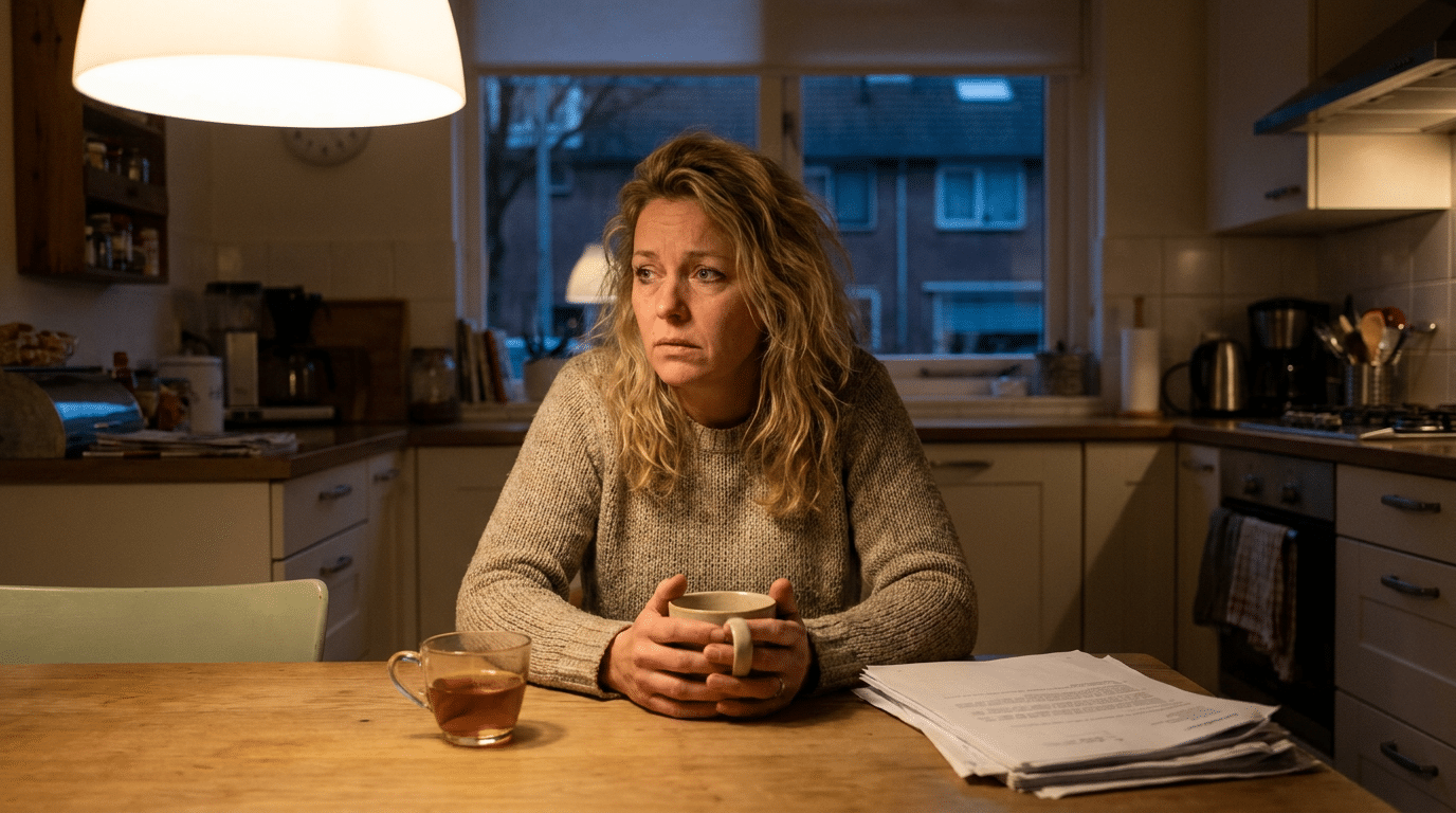 Vrouw met een opgejaagd en onrustig gevoel aan de keukentafel