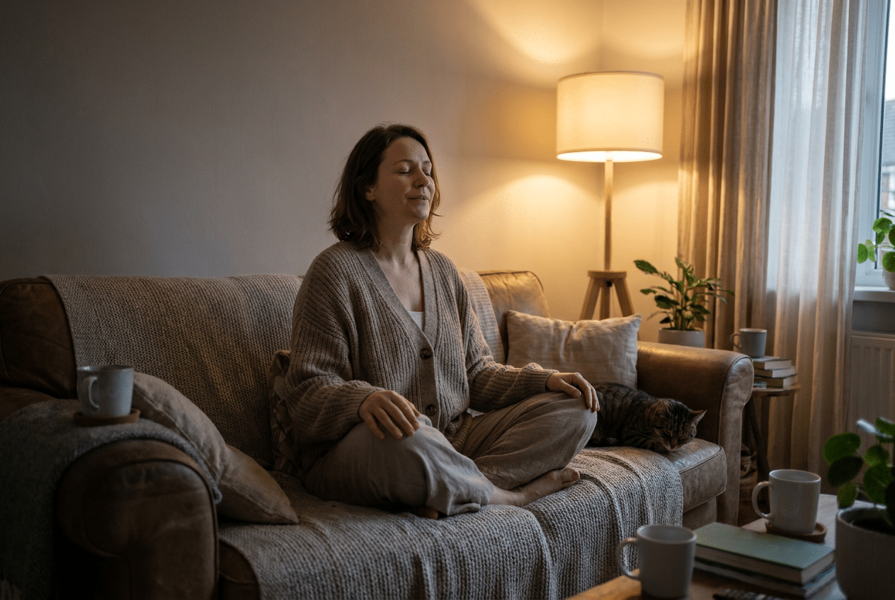 Vrouw die met ademhaling tot rust komt na een drukke dag