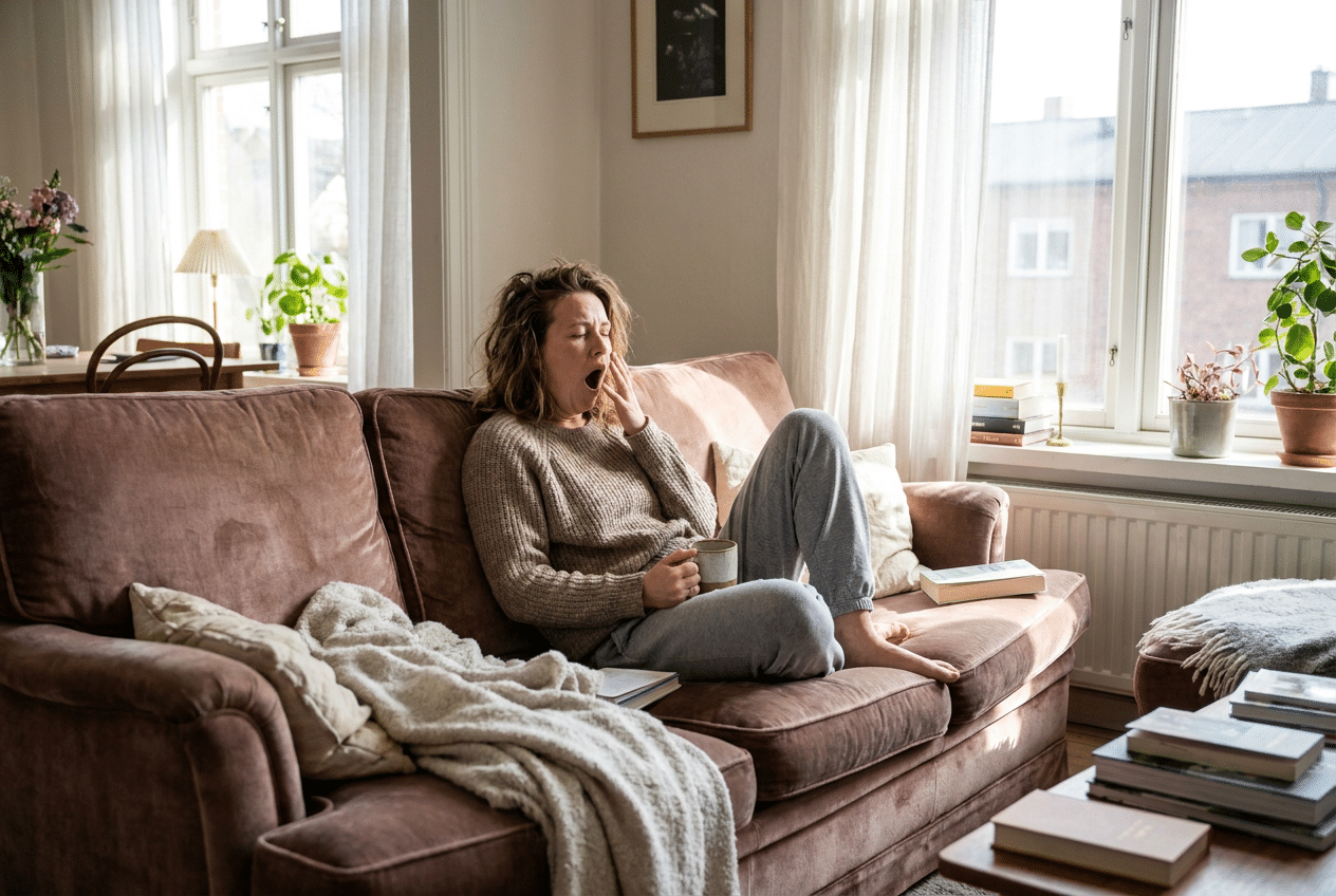 Vrouw overdag moe met kop koffie op de bank