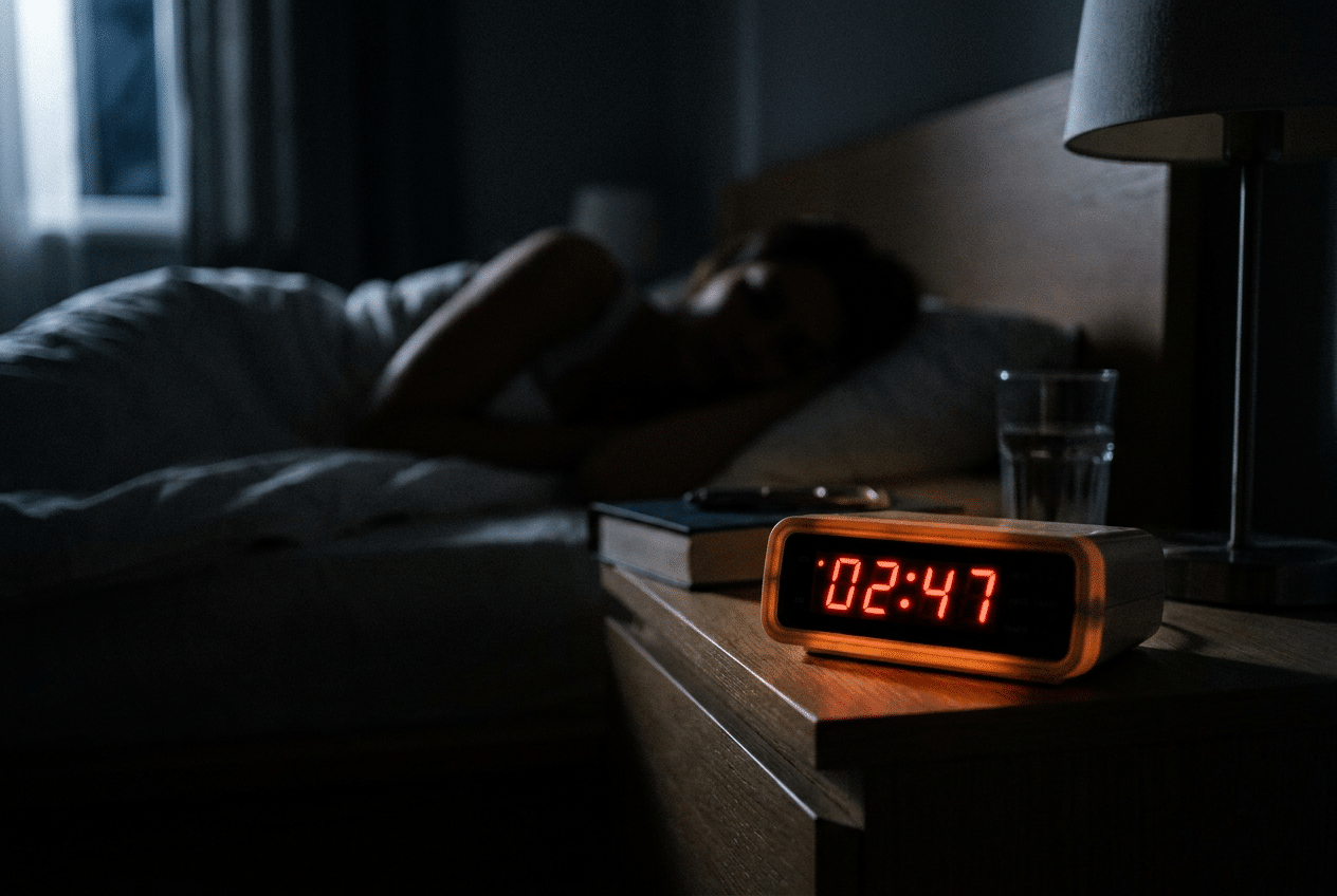 Wekker toont 02:47 terwijl iemand wakker ligt