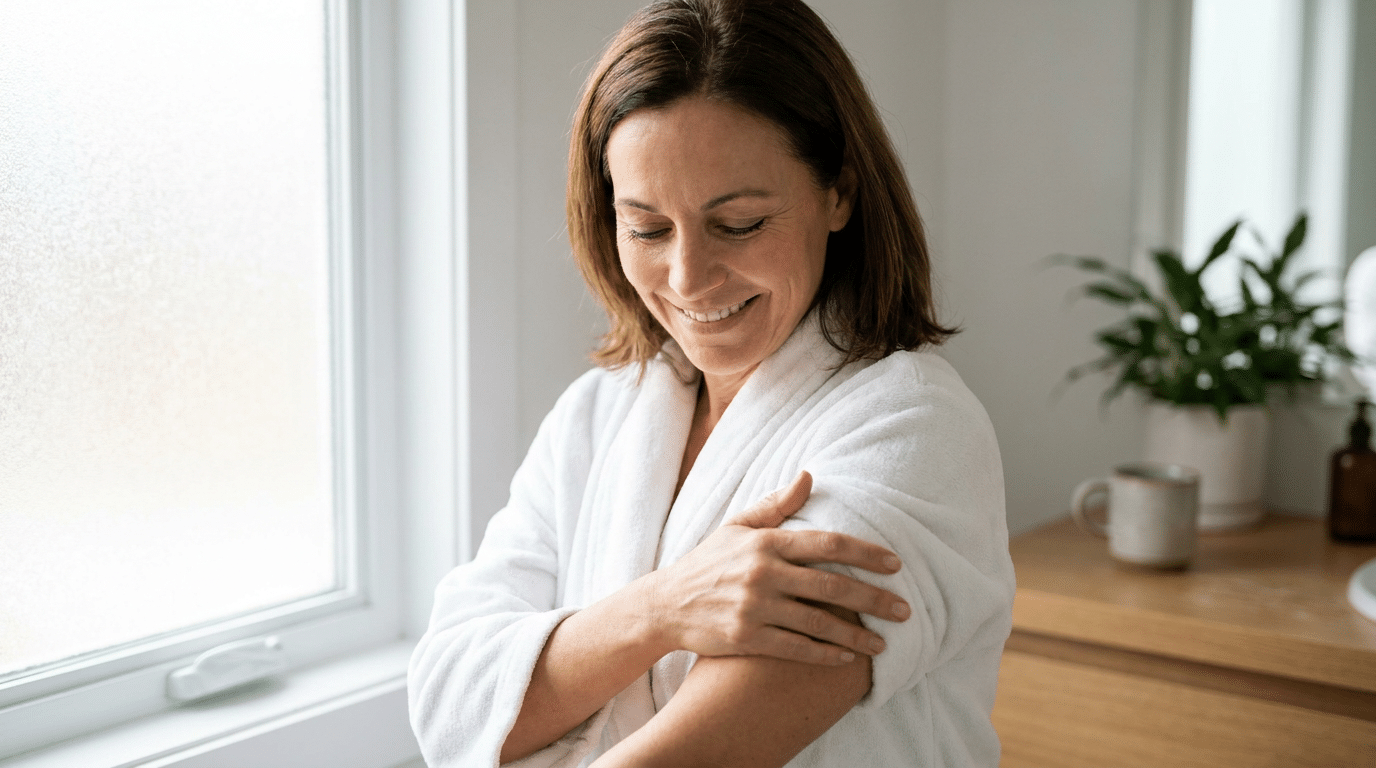 Vrouw voelt aan de huid van haar bovenarm na afvallen