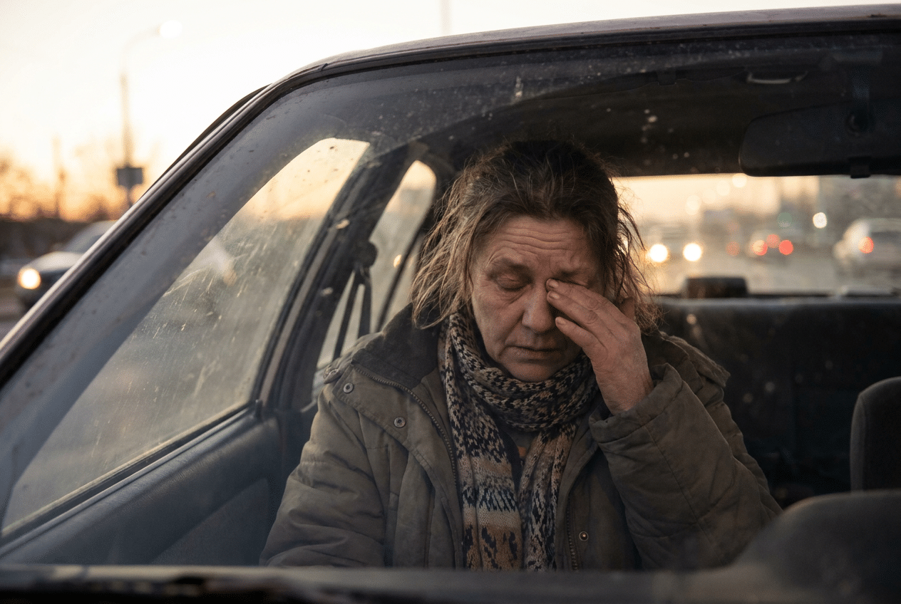 Vrouw wrijft in haar vermoeide ogen in de auto bij schemer