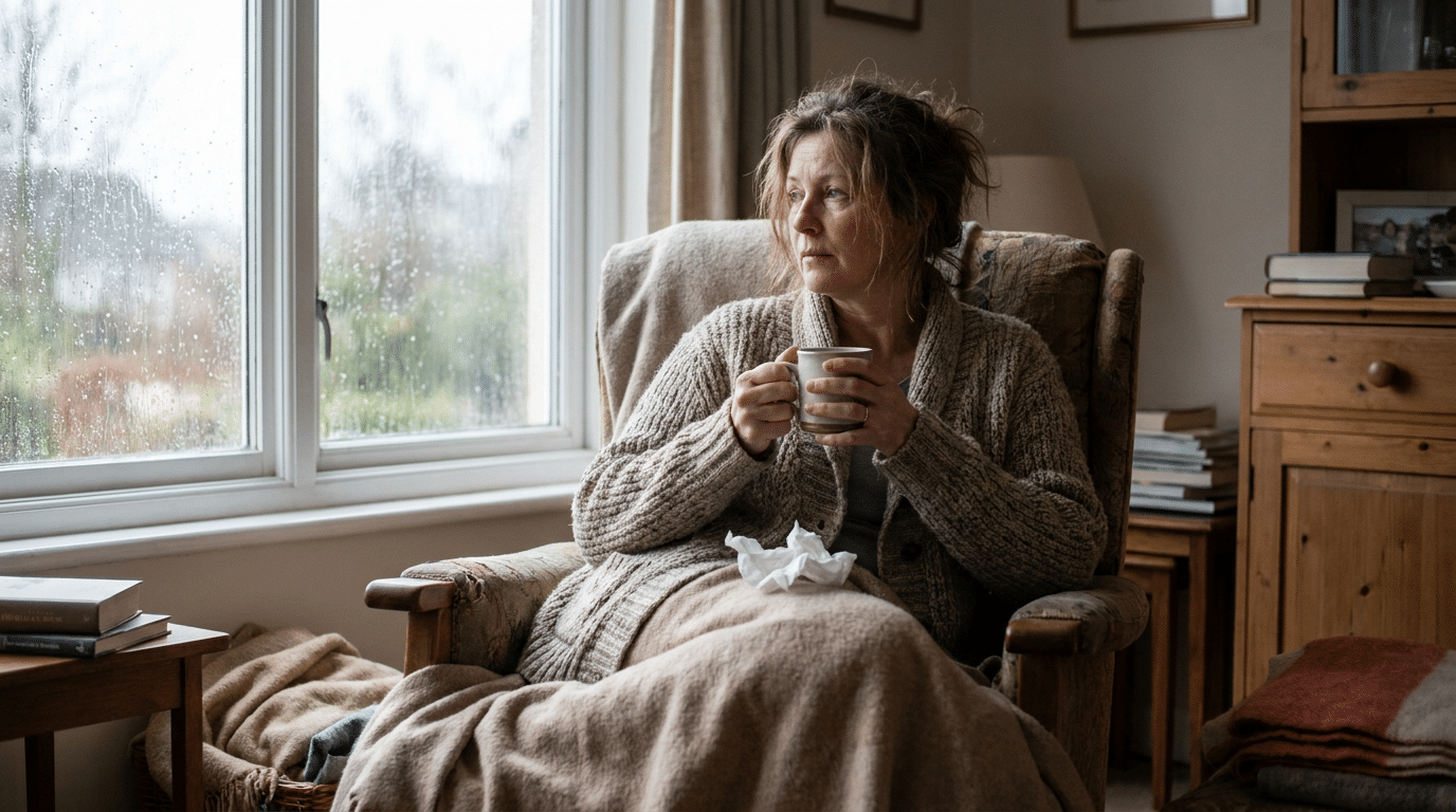Vermoeide vrouw met een kop thee en zakdoek die zich afvraagt waarom ze steeds ziek is