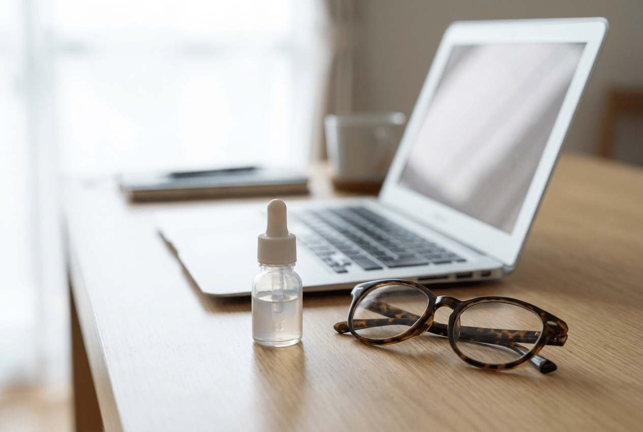 Flesje oogdruppels op bureau naast laptop