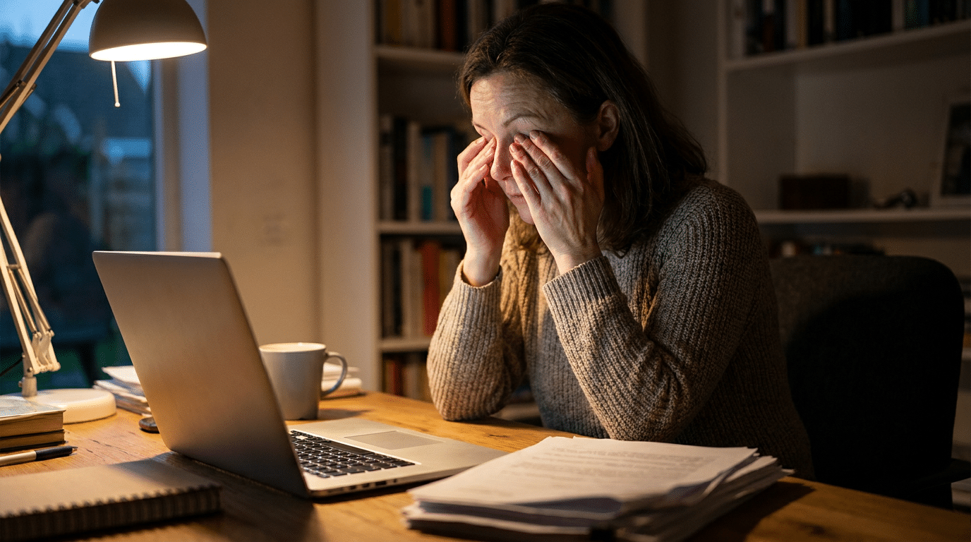 Vermoeide vrouw wrijft in droge ogen achter laptop