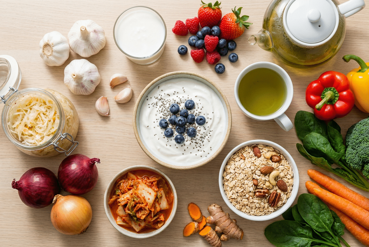 Weerstand verhogende voeding zoals yoghurt zuurkool kimchi knoflook bessen en groente op tafel