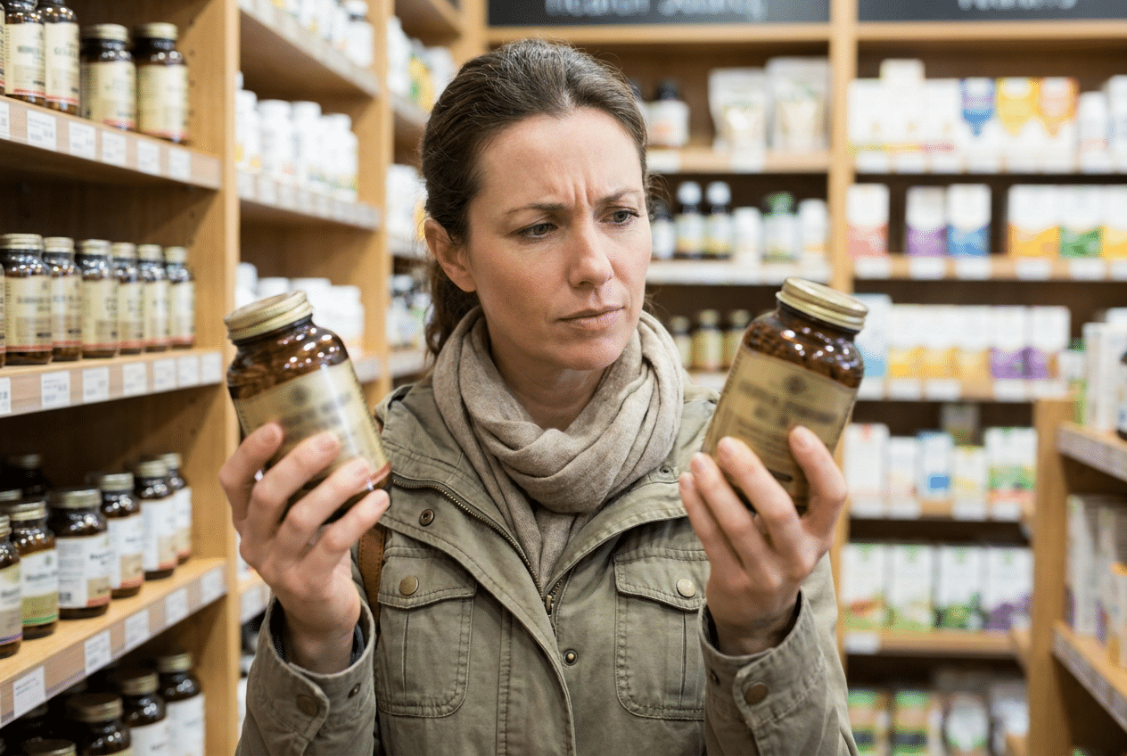 Vrouw twijfelt welke probiotica ze moet kiezen in de winkel