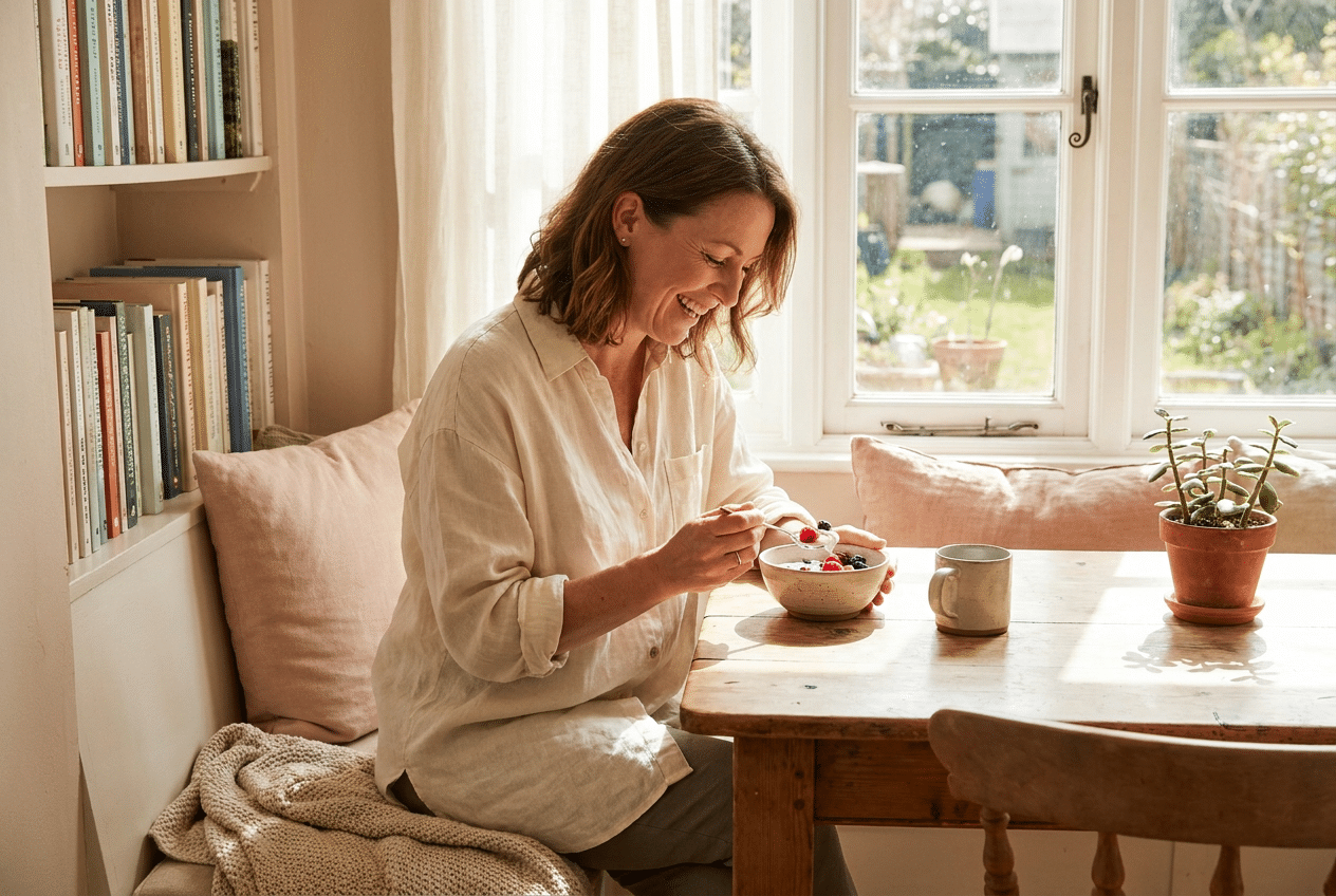 Energieke vrouw geniet van een ontbijt met yoghurt en verse bessen