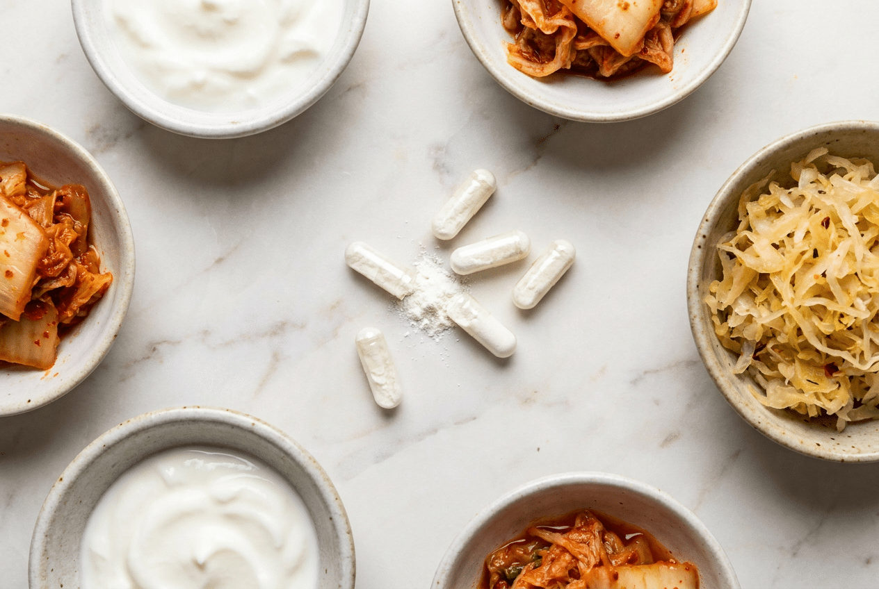 Probiotica capsules naast gefermenteerde voeding yoghurt kimchi en zuurkool