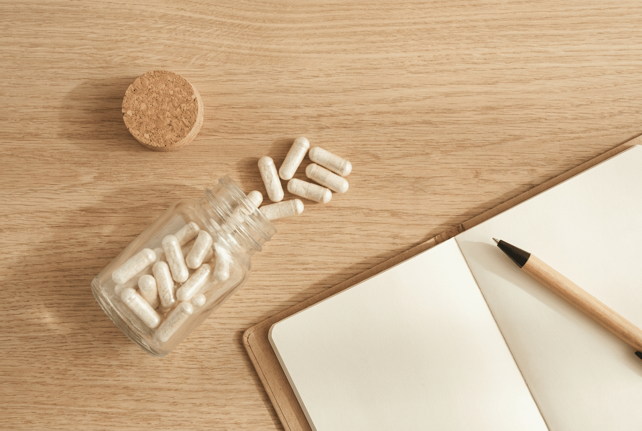 Omgevallen potje ashwagandha capsules op tafel, concept dosering en kwaliteit