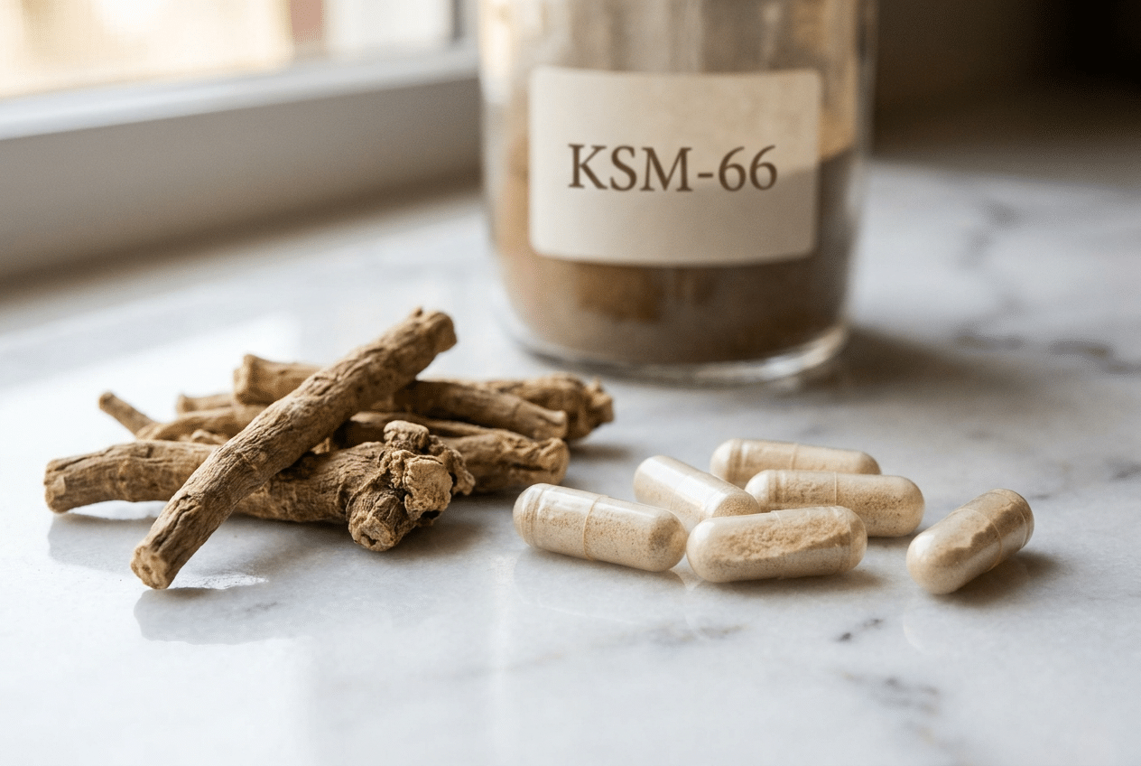 Ashwagandha wortel naast KSM-66 extract poeder en capsules