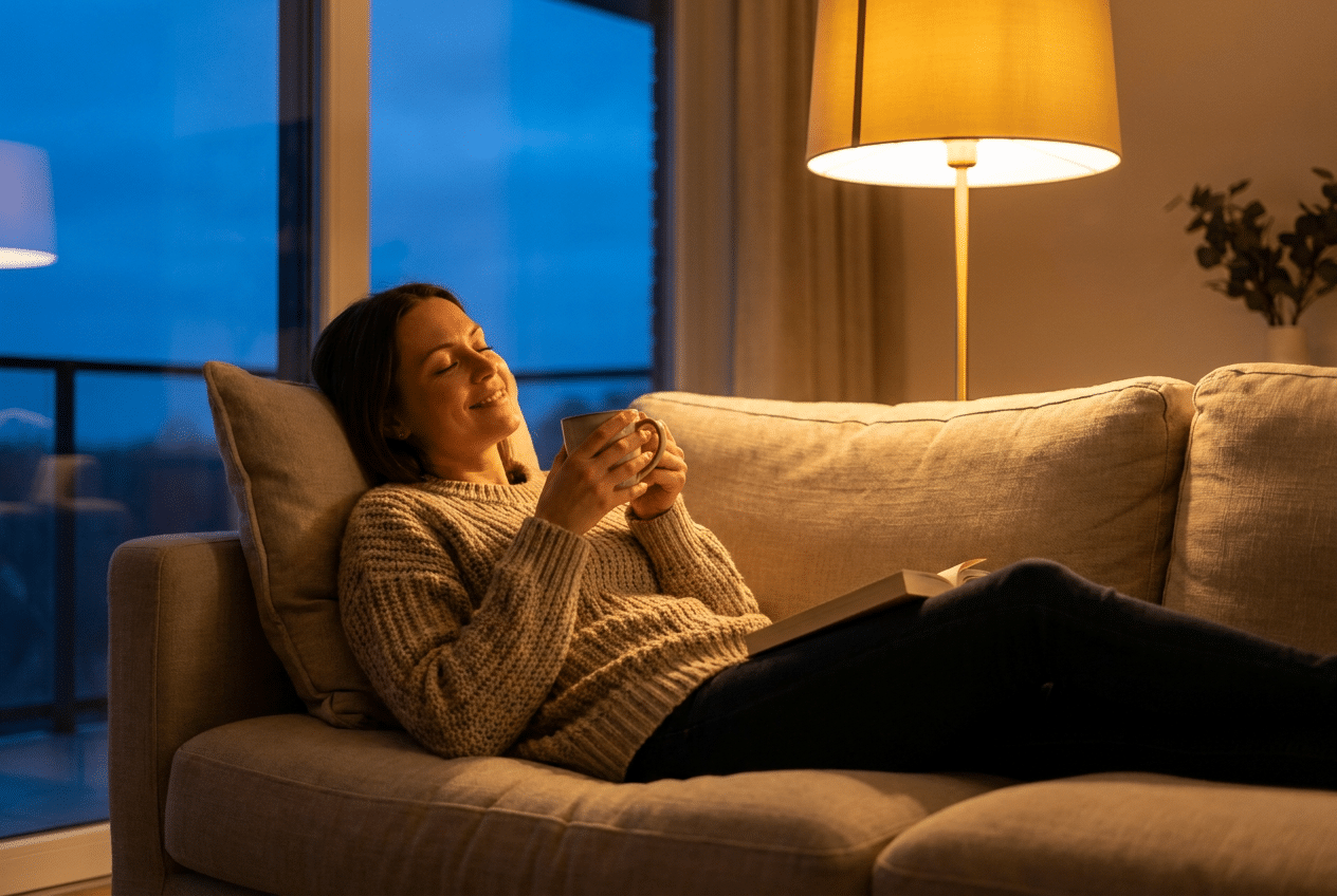 Vrouw ontspant s avonds op de bank na inname ashwagandha