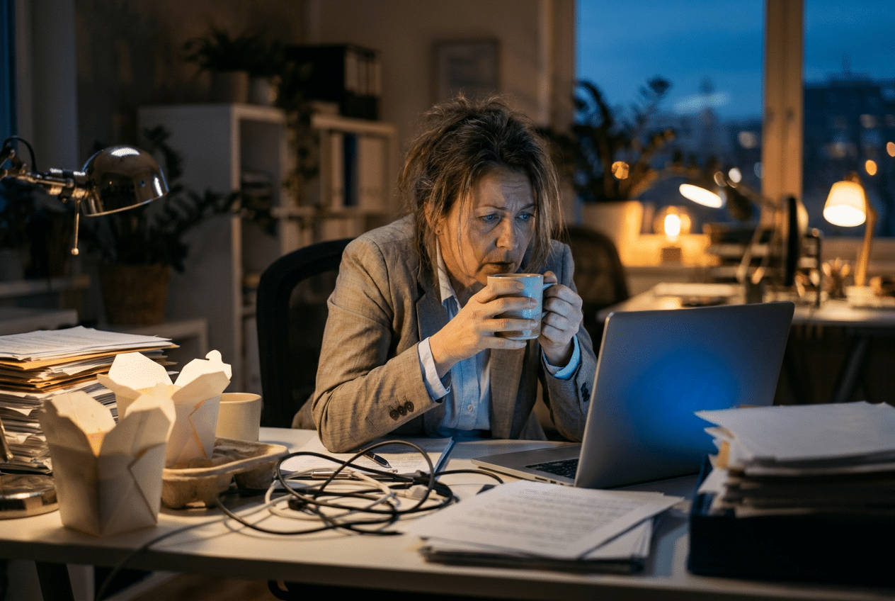 Gestreste vrouw achter bureau met koffie