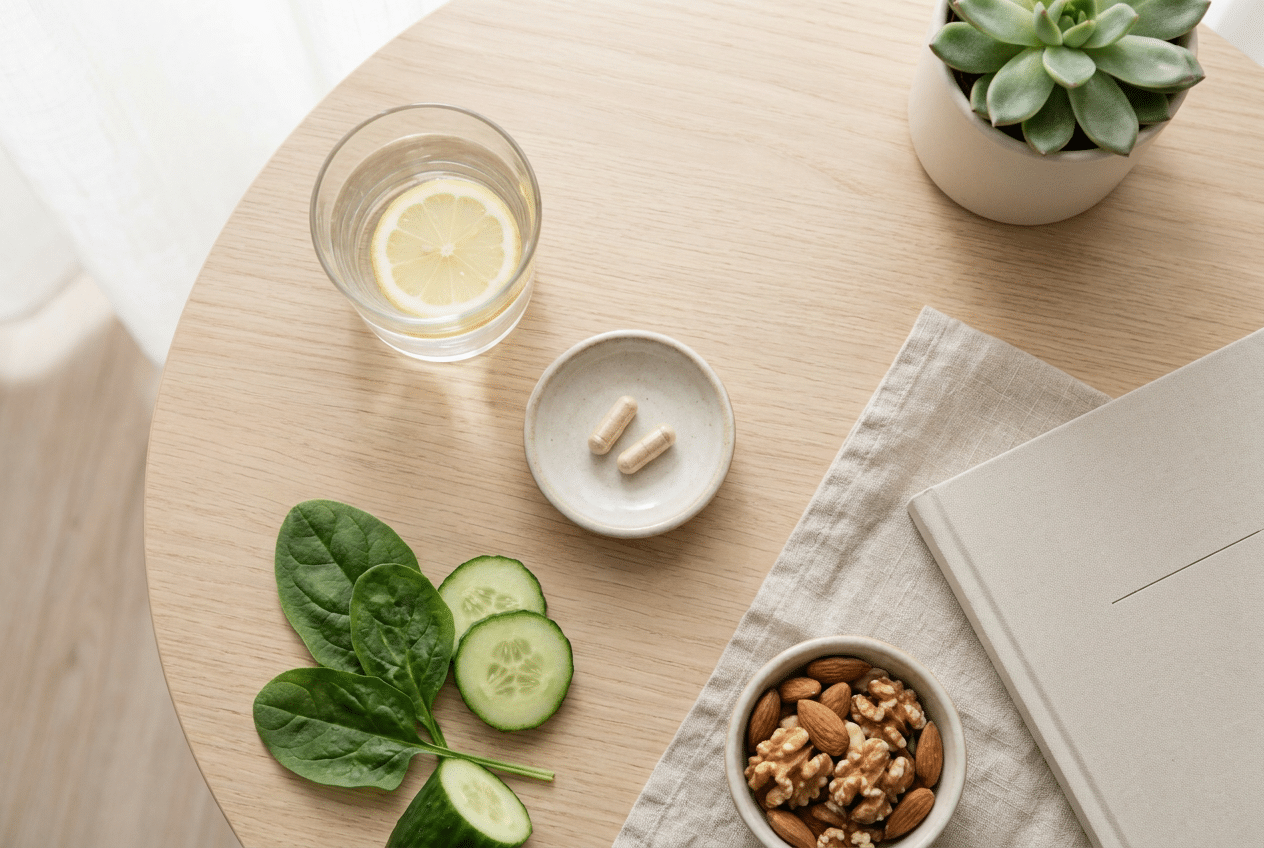 Rustig ochtendritueel met water en supplementen