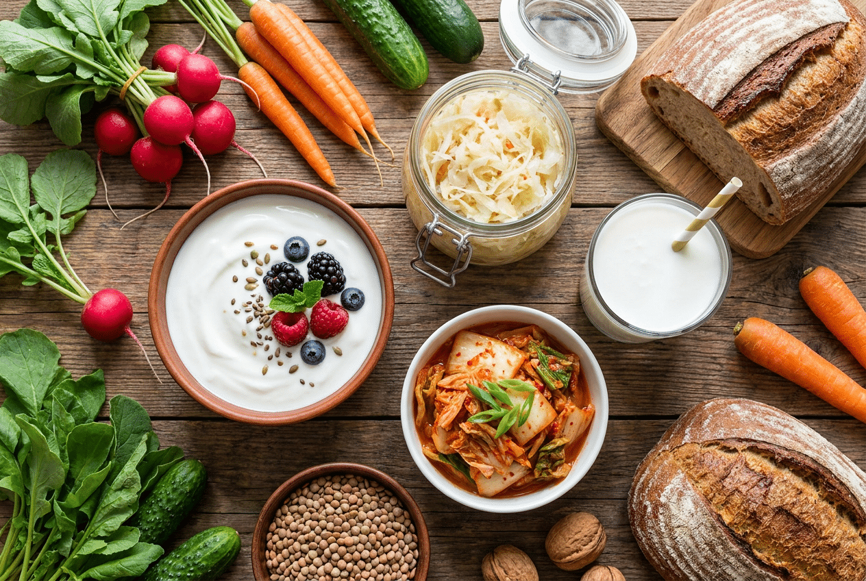 Gefermenteerde voeding zoals yoghurt, zuurkool en kimchi