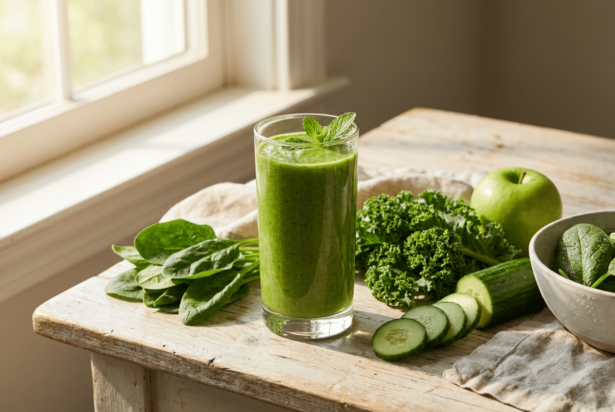 Glas groene smoothie met verse groenten op tafel