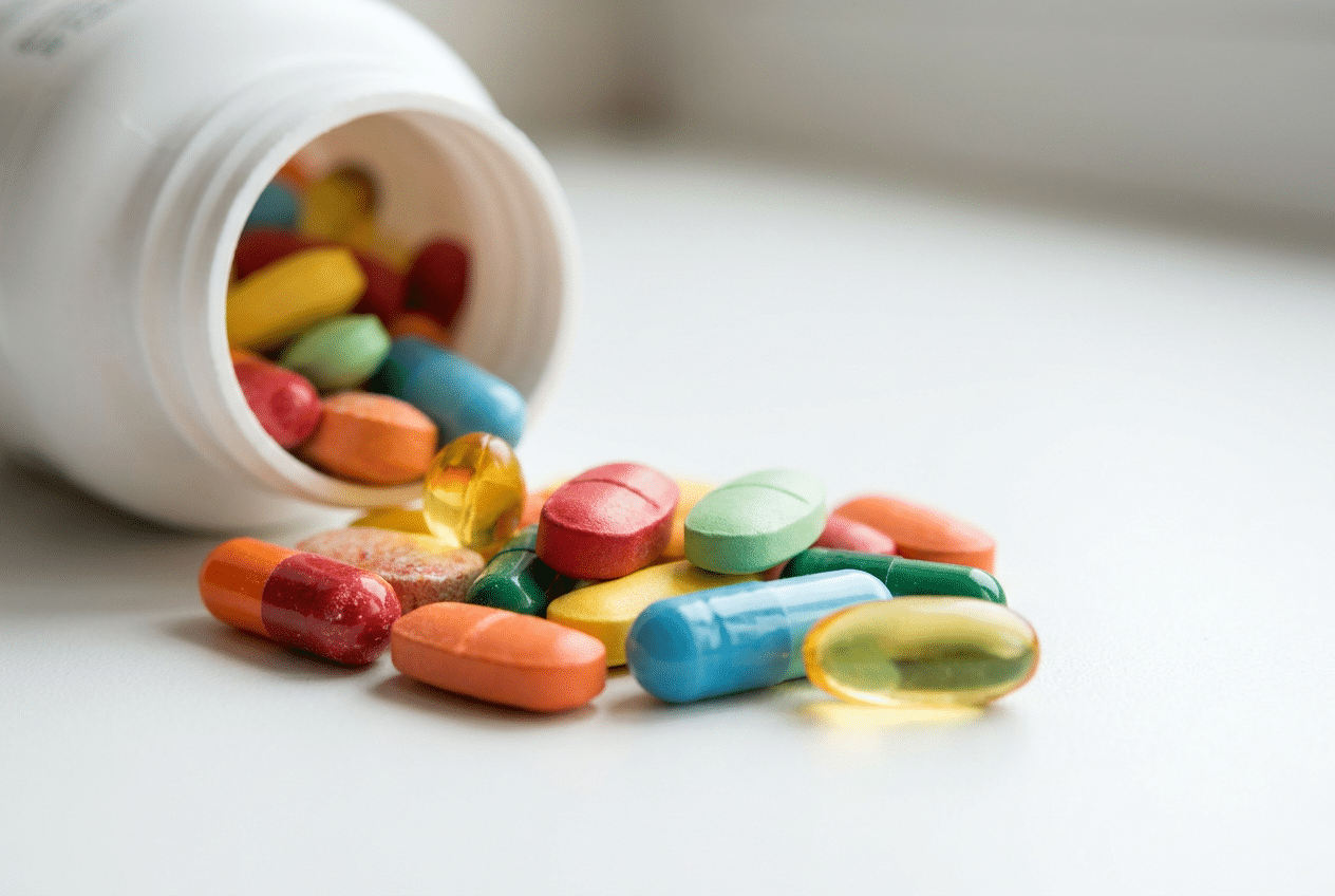 Multivitamine pillen uit een potje op een witte ondergrond