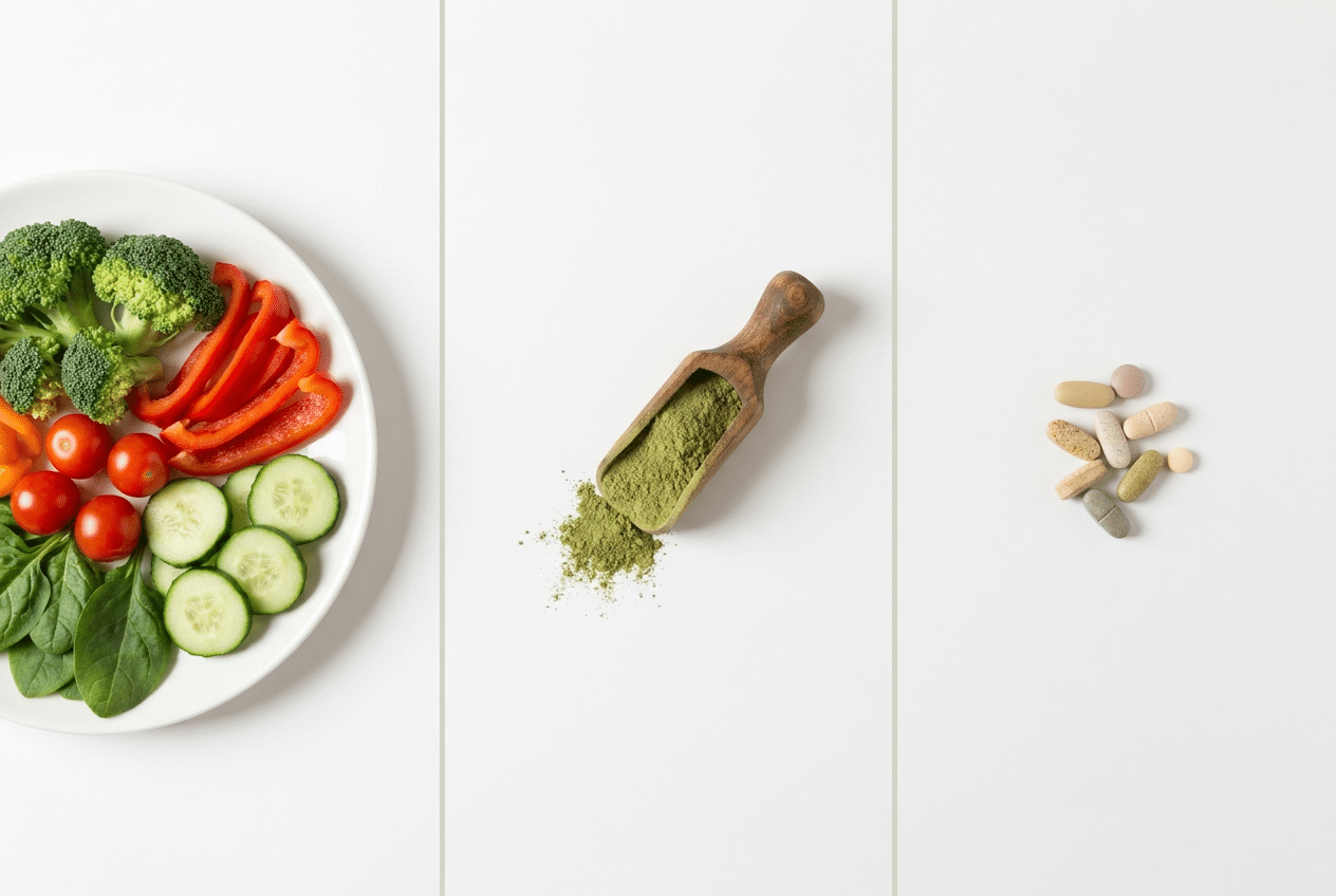 Vergelijking van verse groente, greens poeder en vitaminepillen