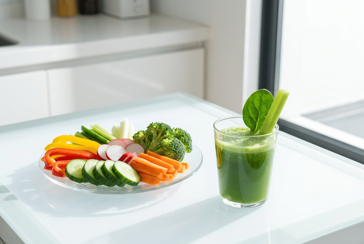 Verse groente naast een glas greens poeder, vergelijking