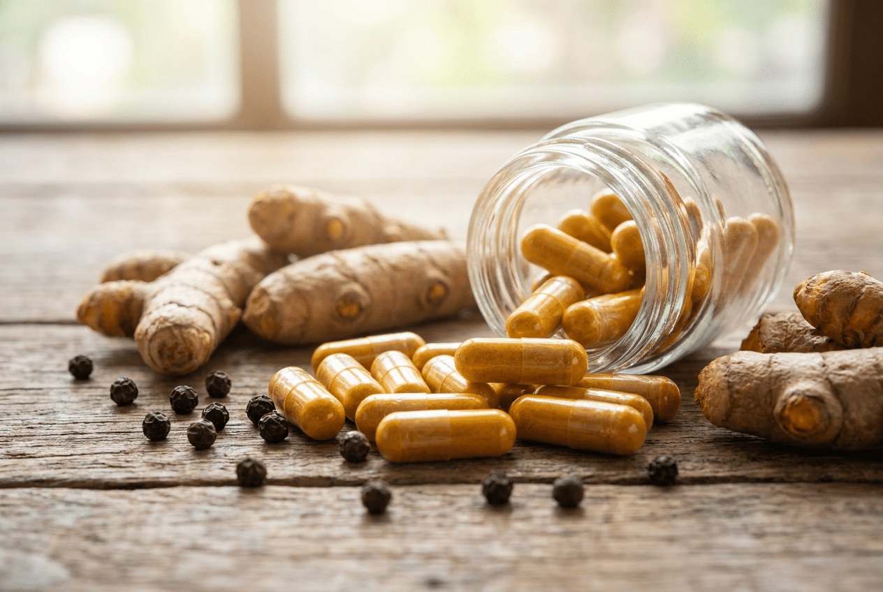 Kurkuma curcumine capsules met verse kurkumawortel en zwarte peper