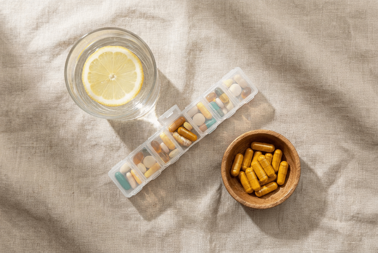 Kurkuma capsules naast medicatie en een glas water