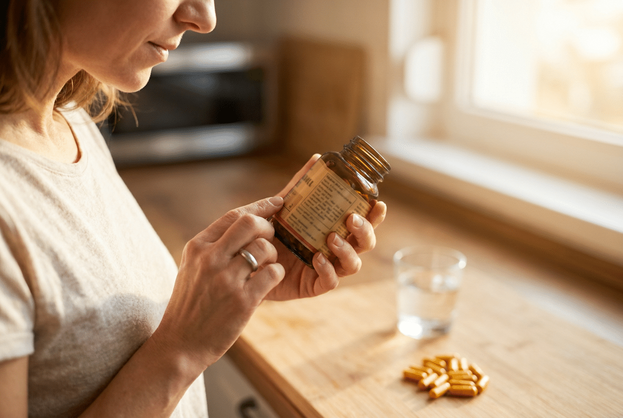 Vrouw leest het etiket van een kurkuma supplement