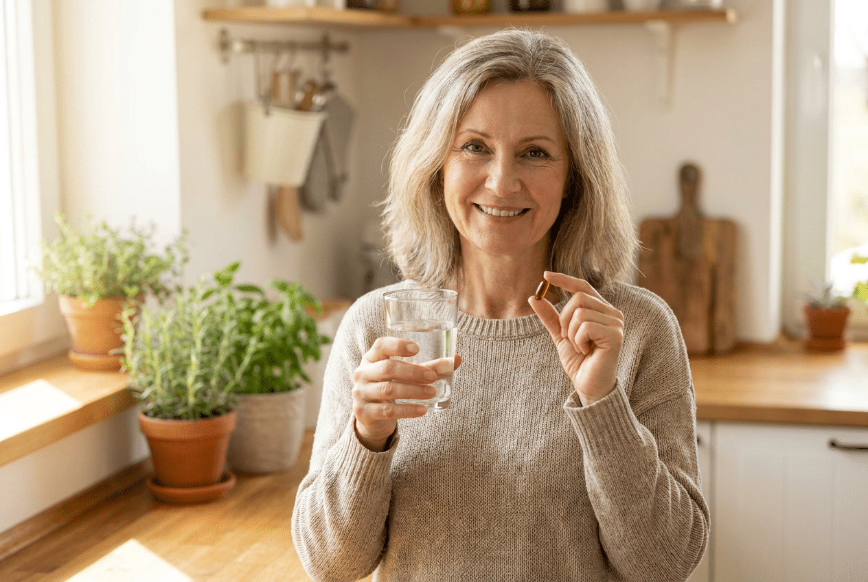 Vrouw van middelbare leeftijd met een glas water en een rode omega-3 capsule