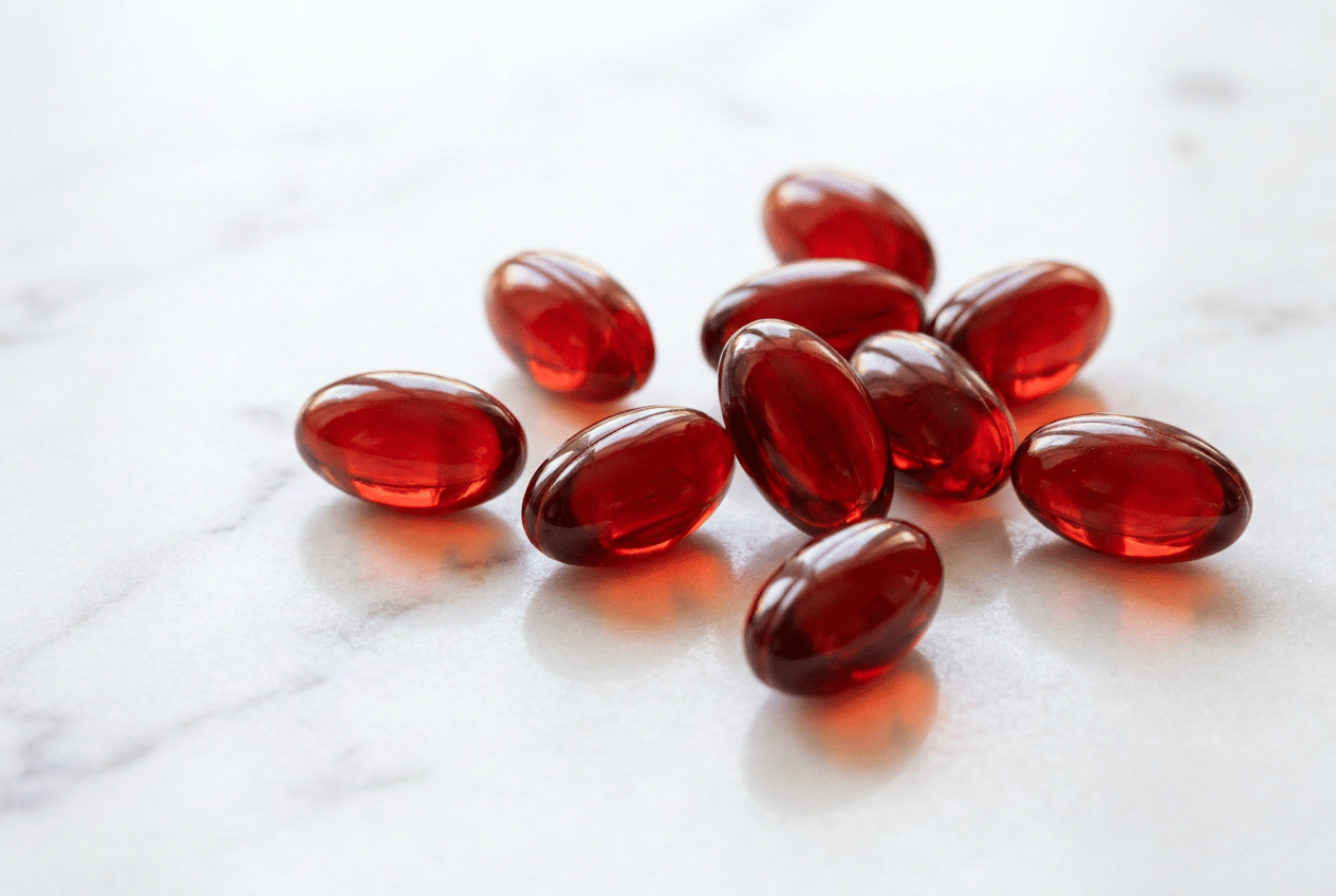 Close-up van dieprode krillolie capsules met astaxanthine