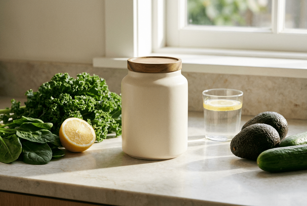 Premium detox supplement met verse groente en water
