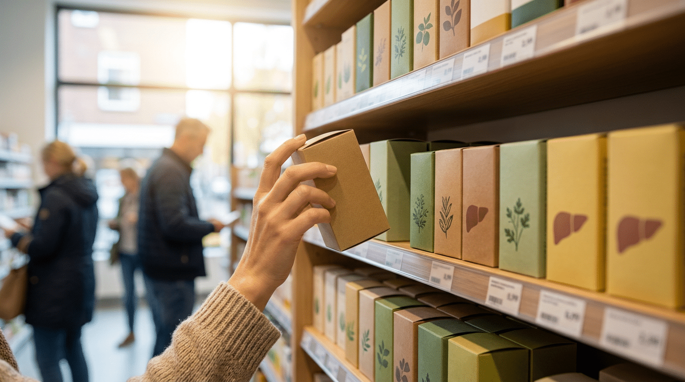 Schap met goedkope leverdetox kuren in de drogist
