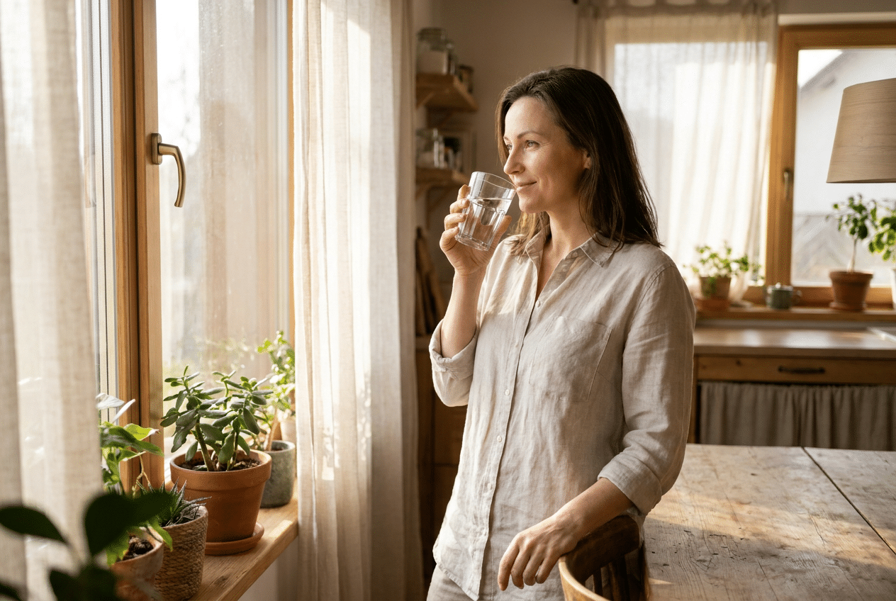 Vrouw drinkt water en voelt zich licht in de ochtend