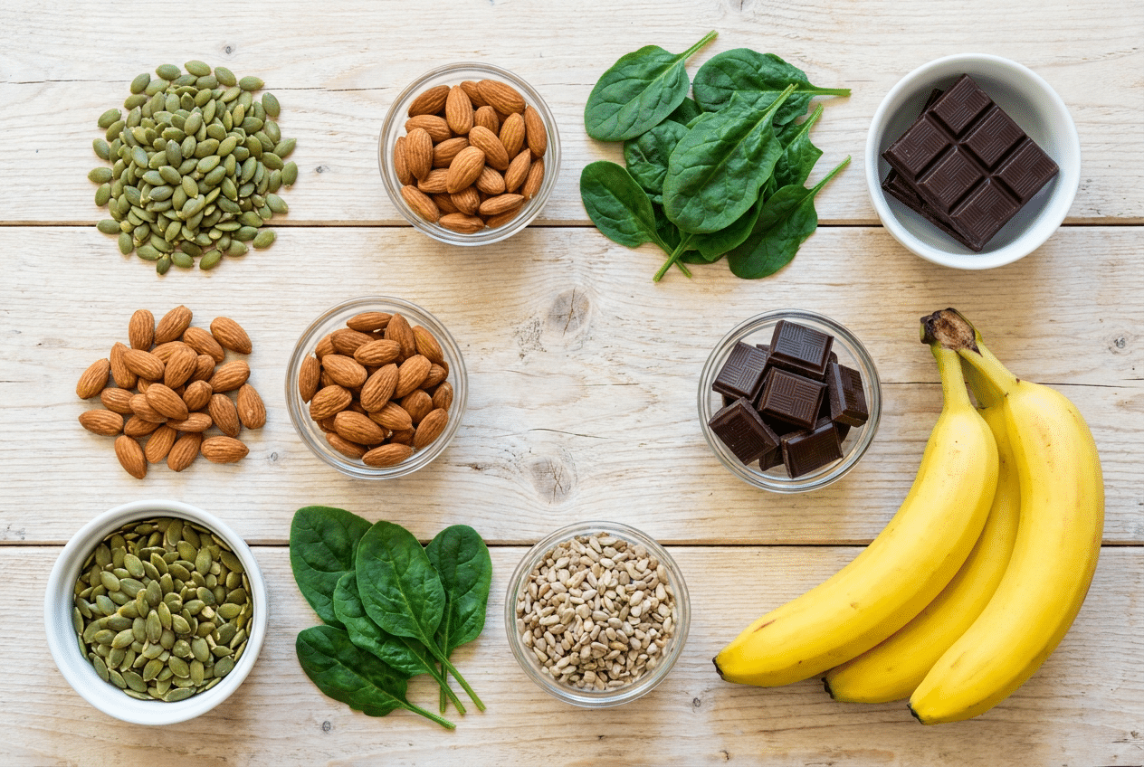 Magnesiumrijke voeding zoals pompoenpitten amandelen spinazie en pure chocolade