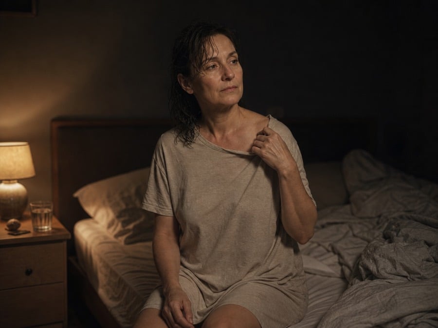 Vrouw zit 's nachts wakker op de rand van haar bed