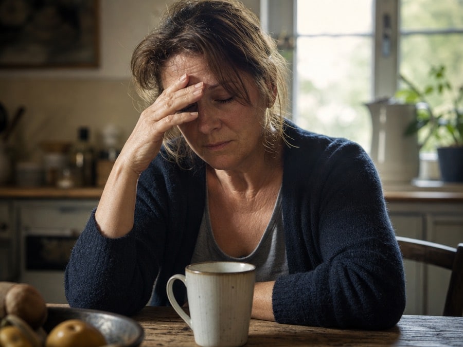 Vermoeide vrouw aan de keukentafel