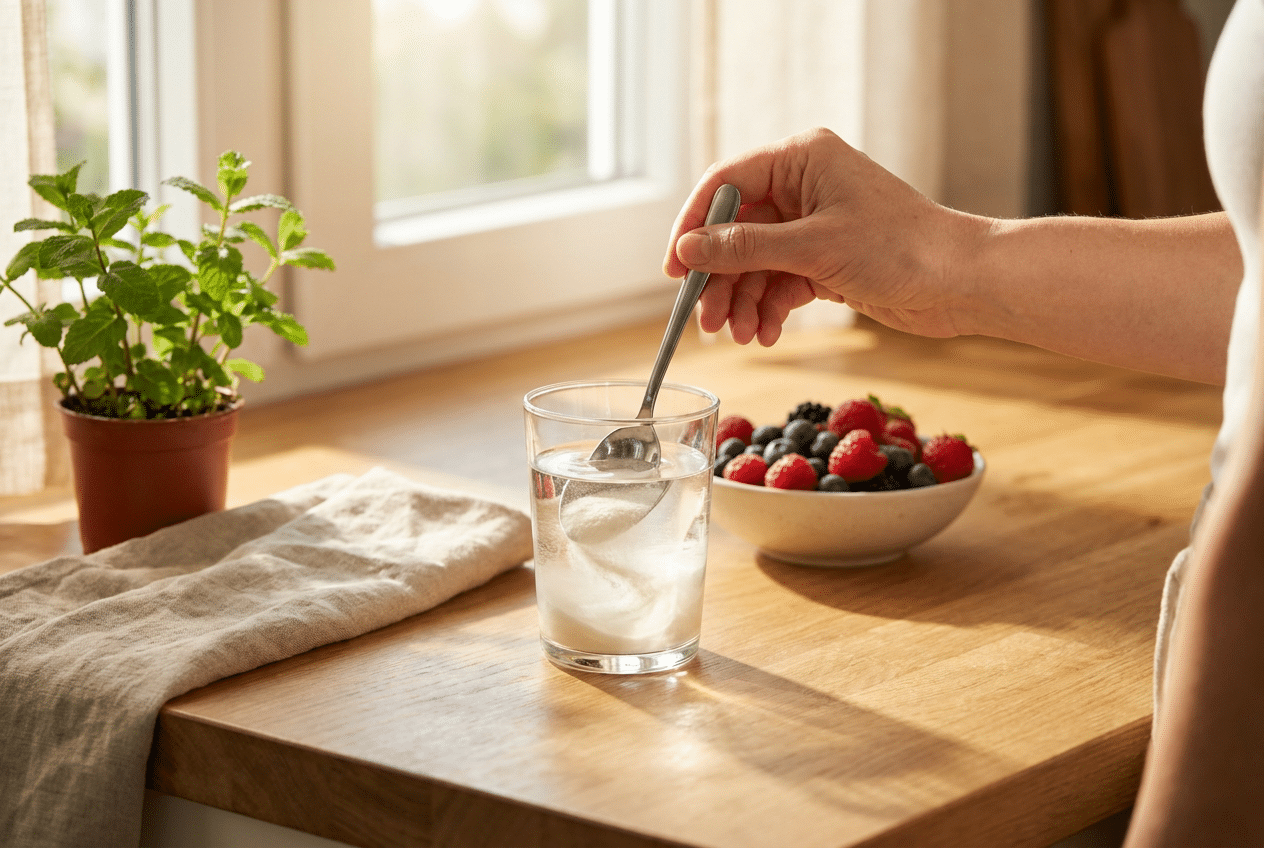 Glas water met collageenpoeder in de ochtend