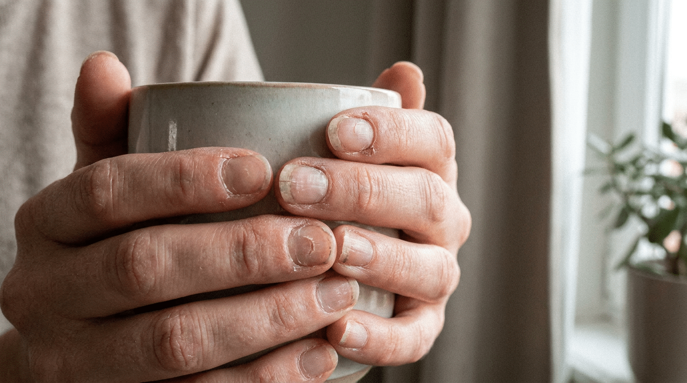 Vrouwenhand met brekende en pellende nagels