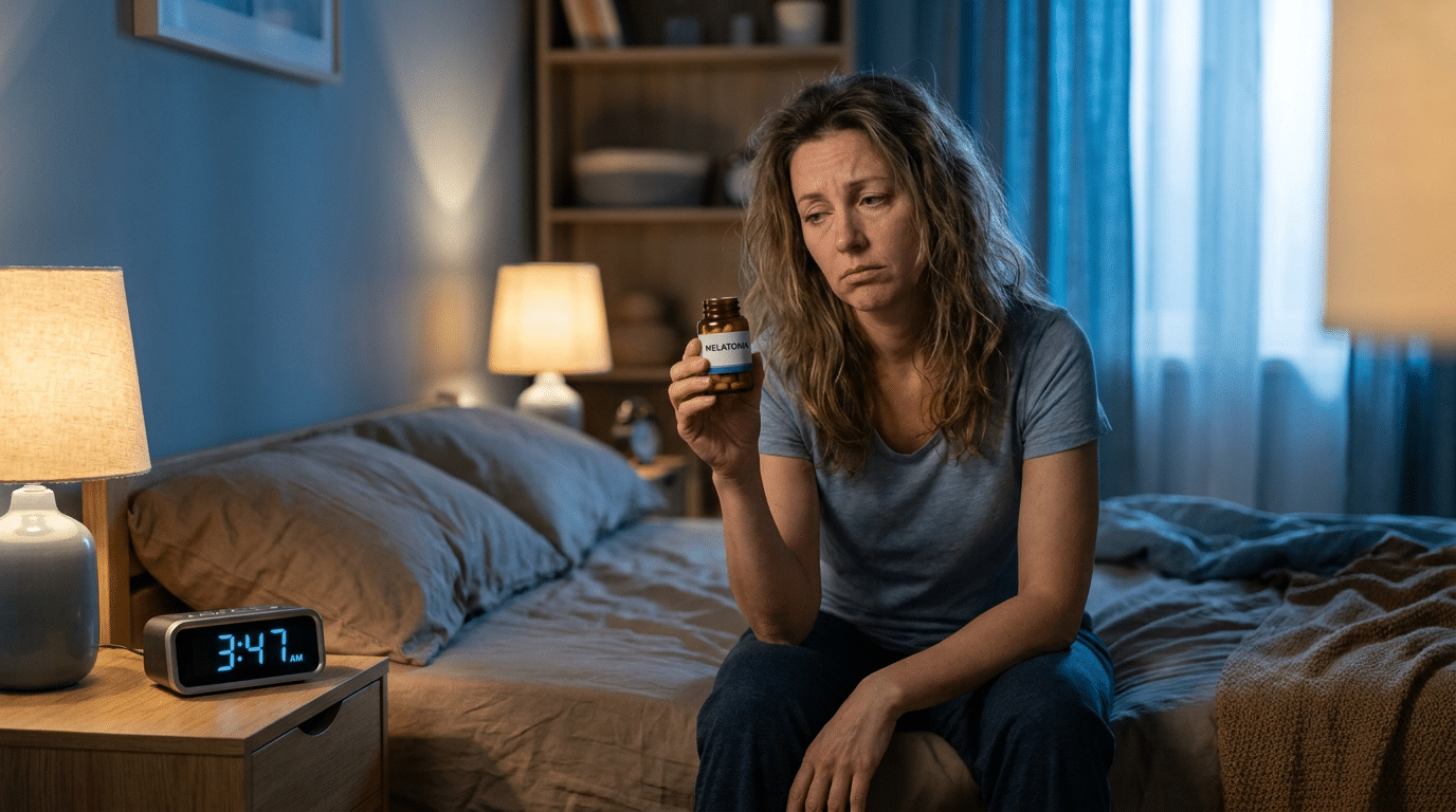 Vrouw wakker in bed twijfelt over melatonine pillen