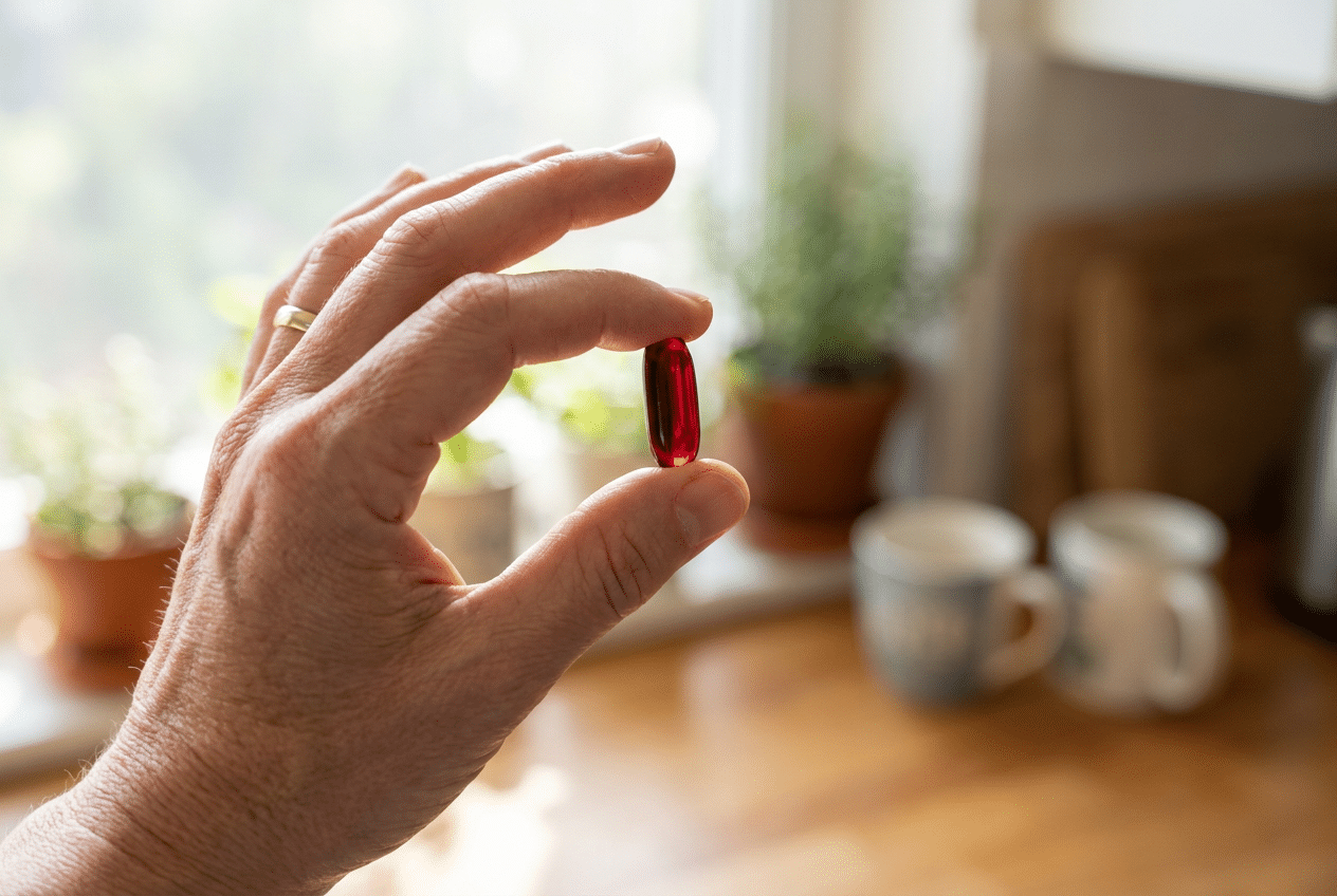 Hand houdt een rode krillolie capsule tegen het licht