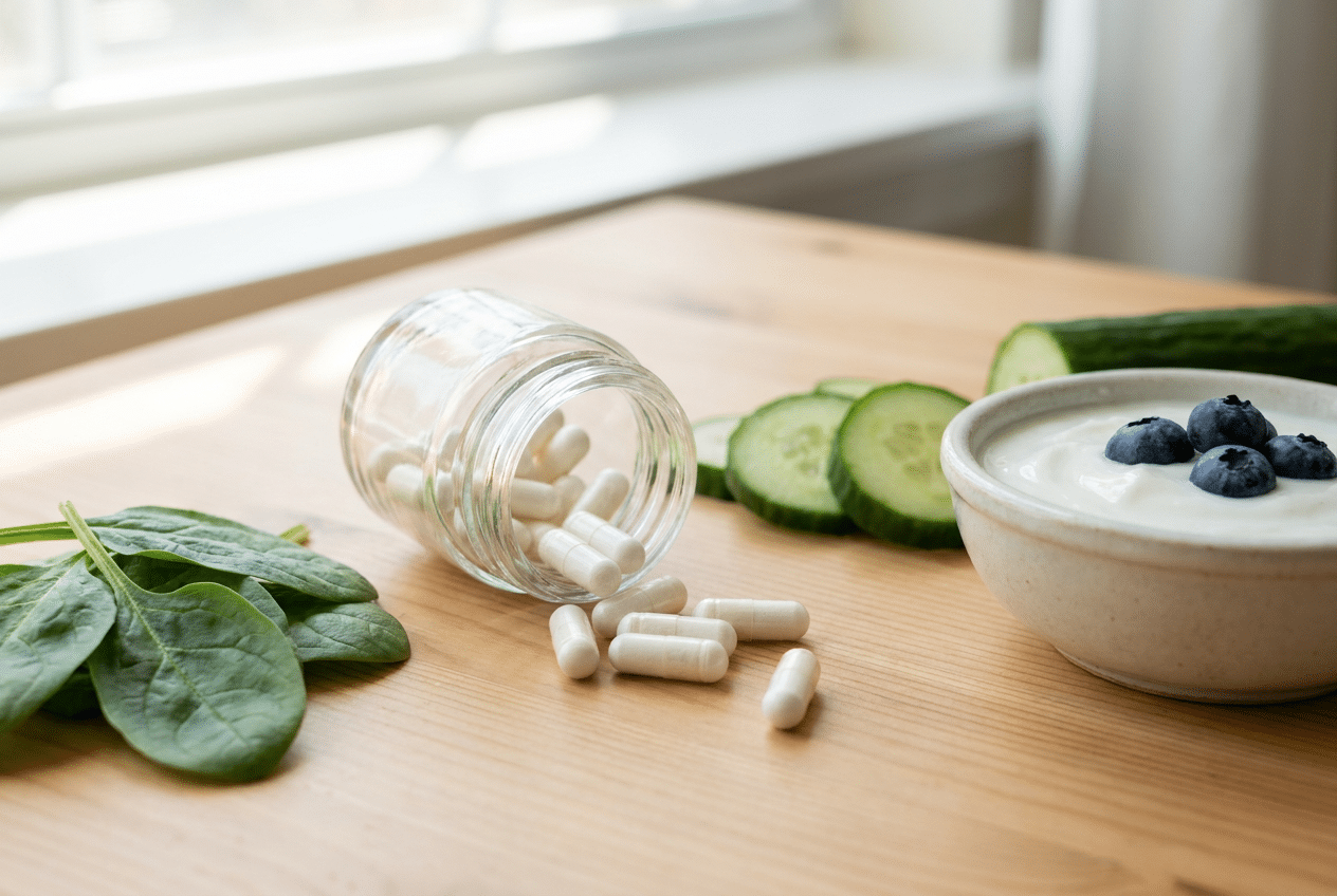 Probiotica capsules naast groente en yoghurt