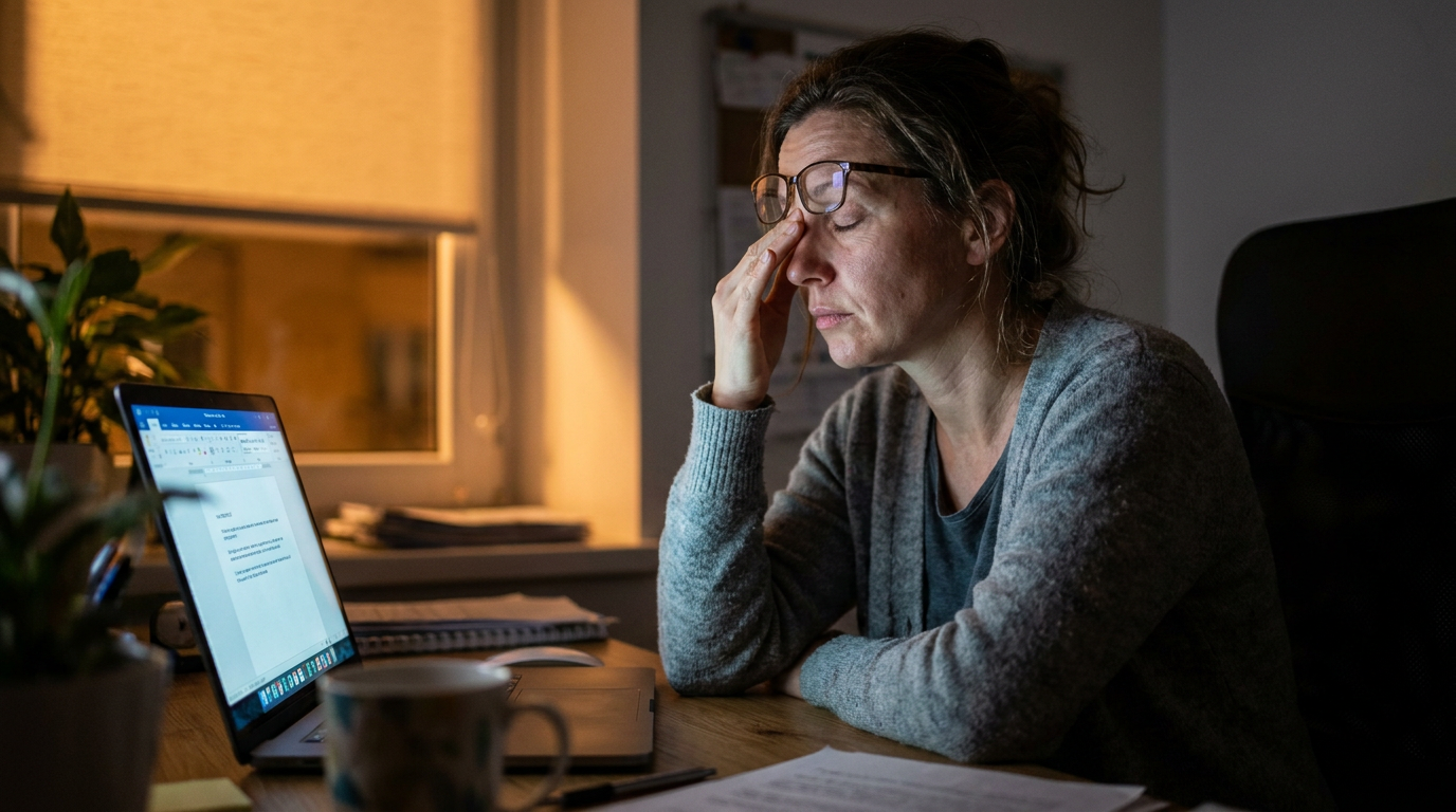 Vrouw met trillend ooglid achter haar laptop