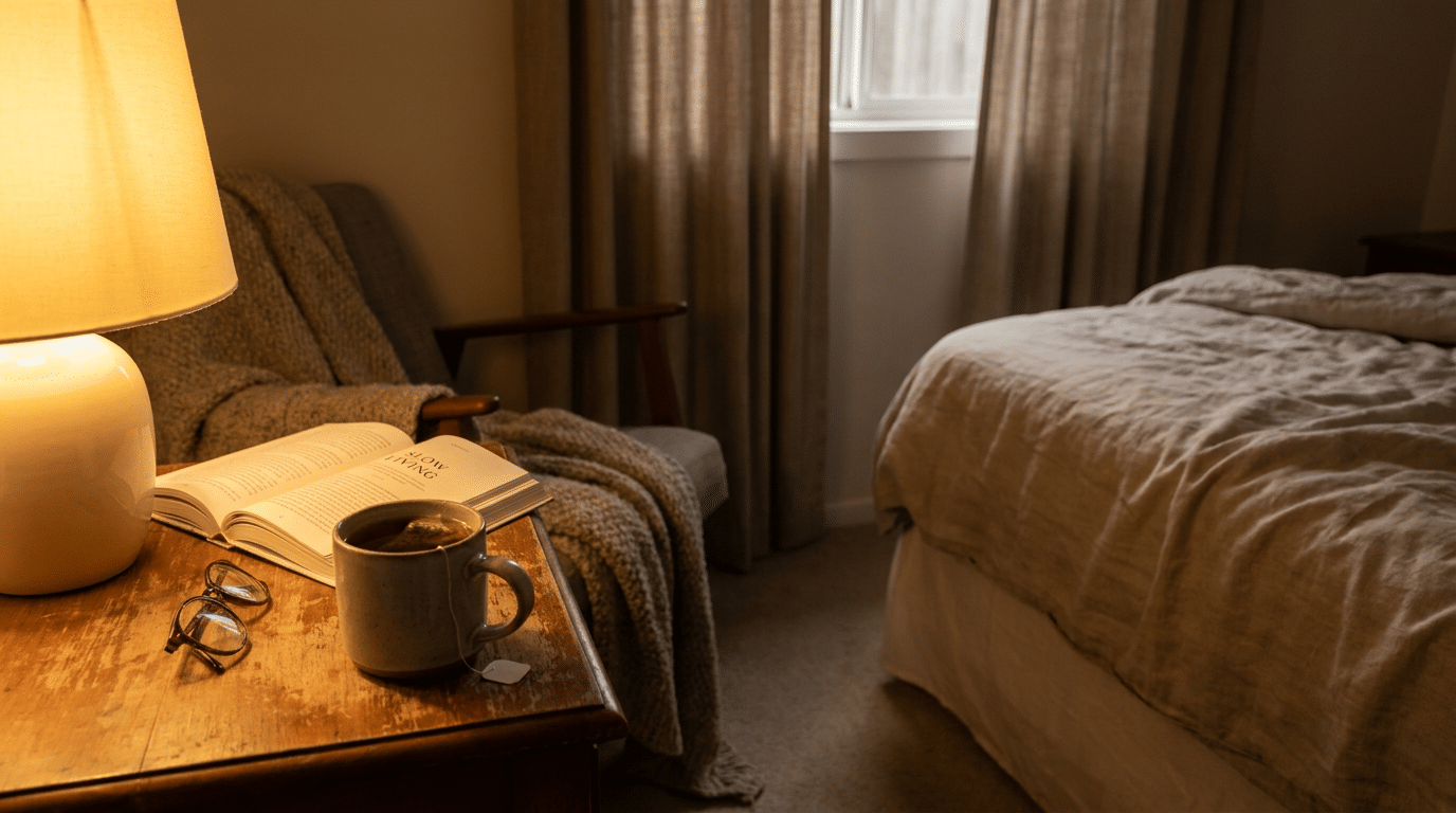 Rustig avondritueel met kruidenthee naast het bed