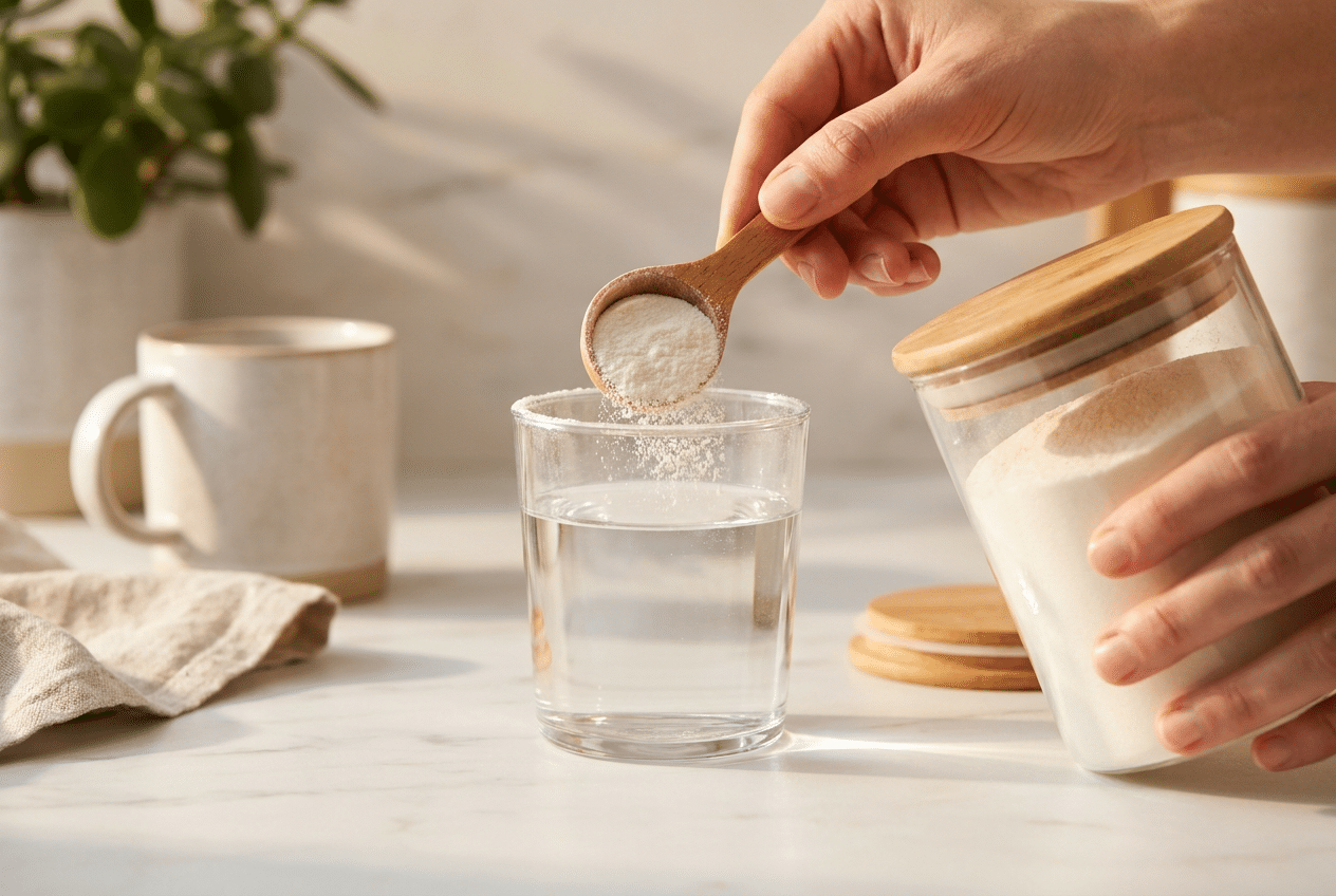 Gehydrolyseerd collageenpoeder wordt in een glas water geschept