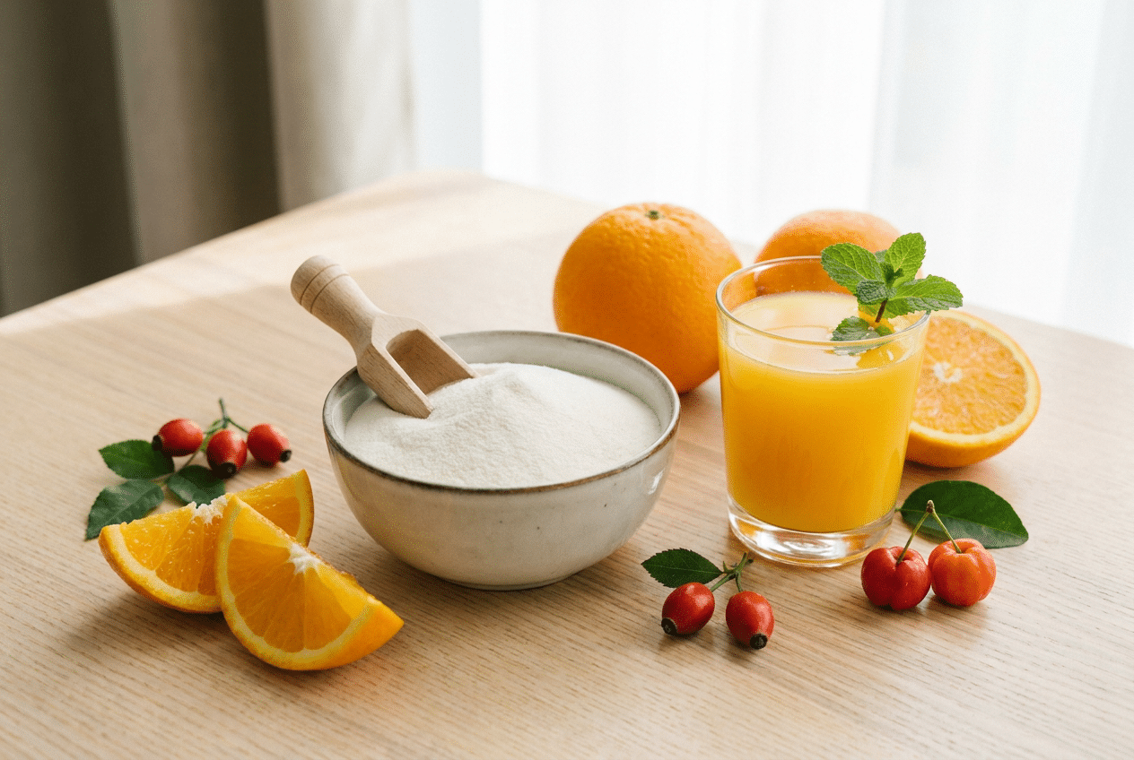 Collageenpoeder naast sinaasappels als bron van vitamine C