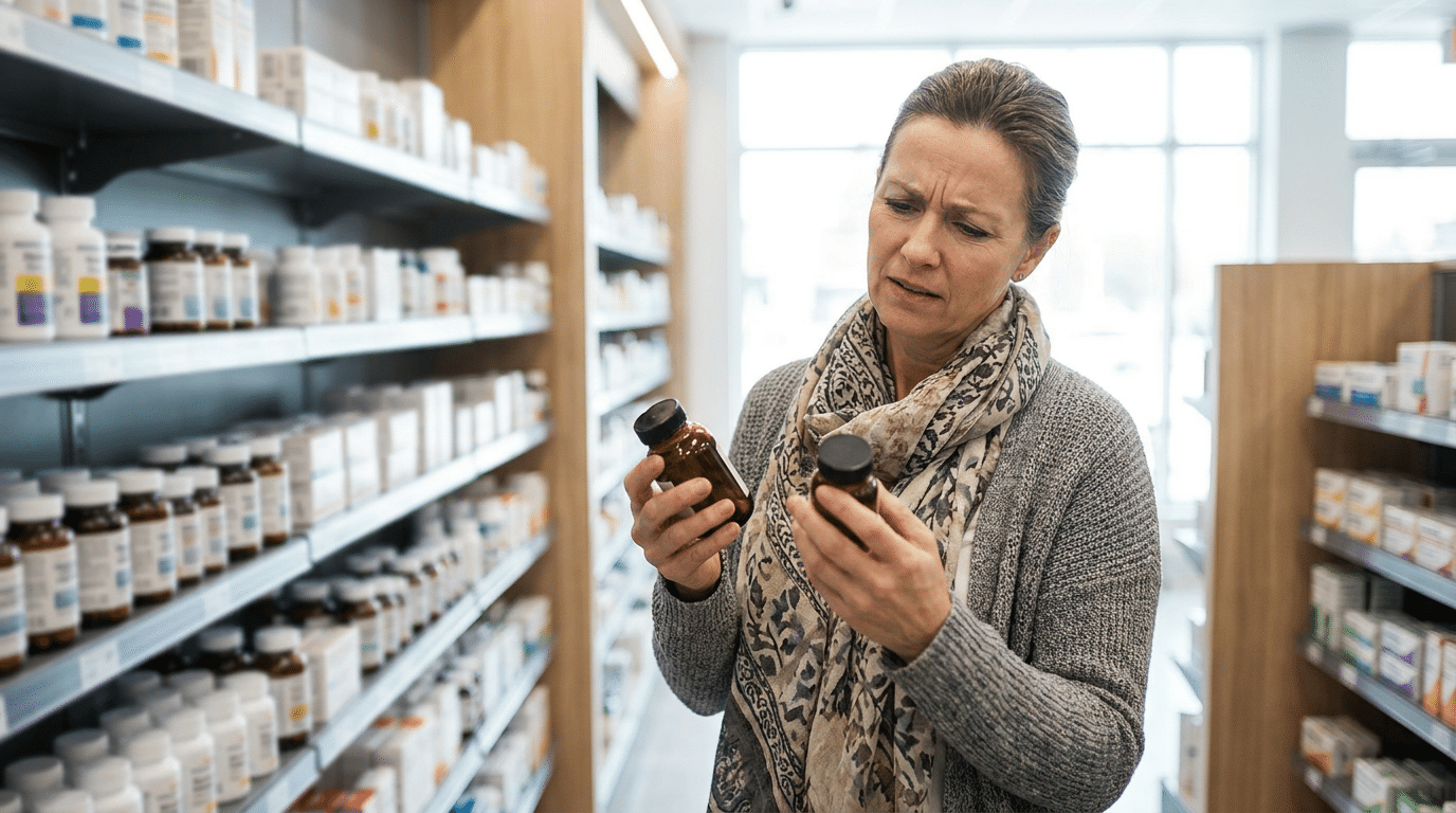 Vrouw vergelijkt twee potjes oogvitamines in de drogist