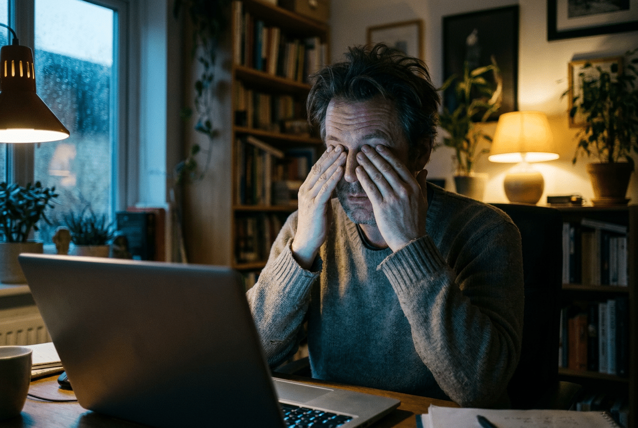 Vermoeide ogen door urenlang schermwerk in de avond