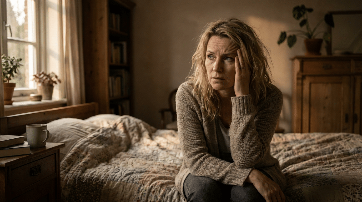 Vrouw die 's avonds wakker ligt te piekeren