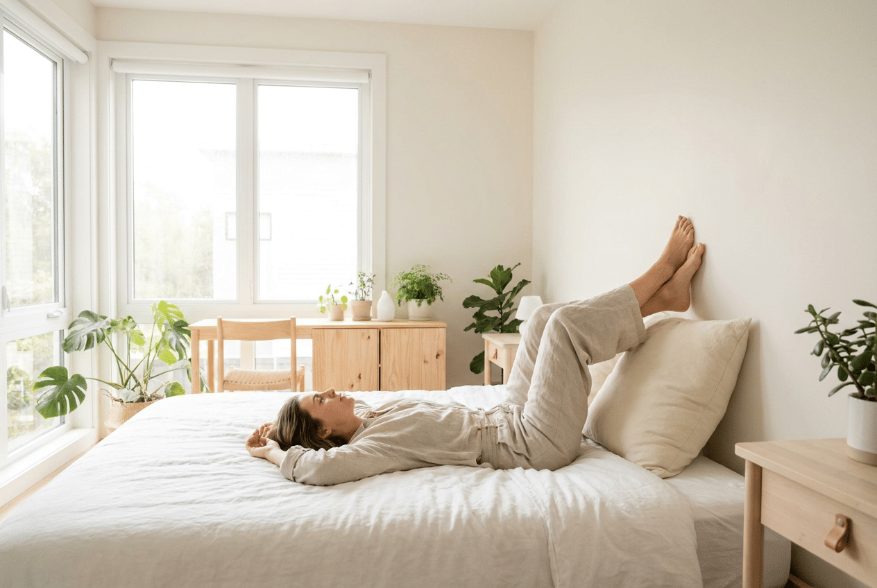 Vrouw met benen omhoog tegen de muur om vocht in de benen af te voeren